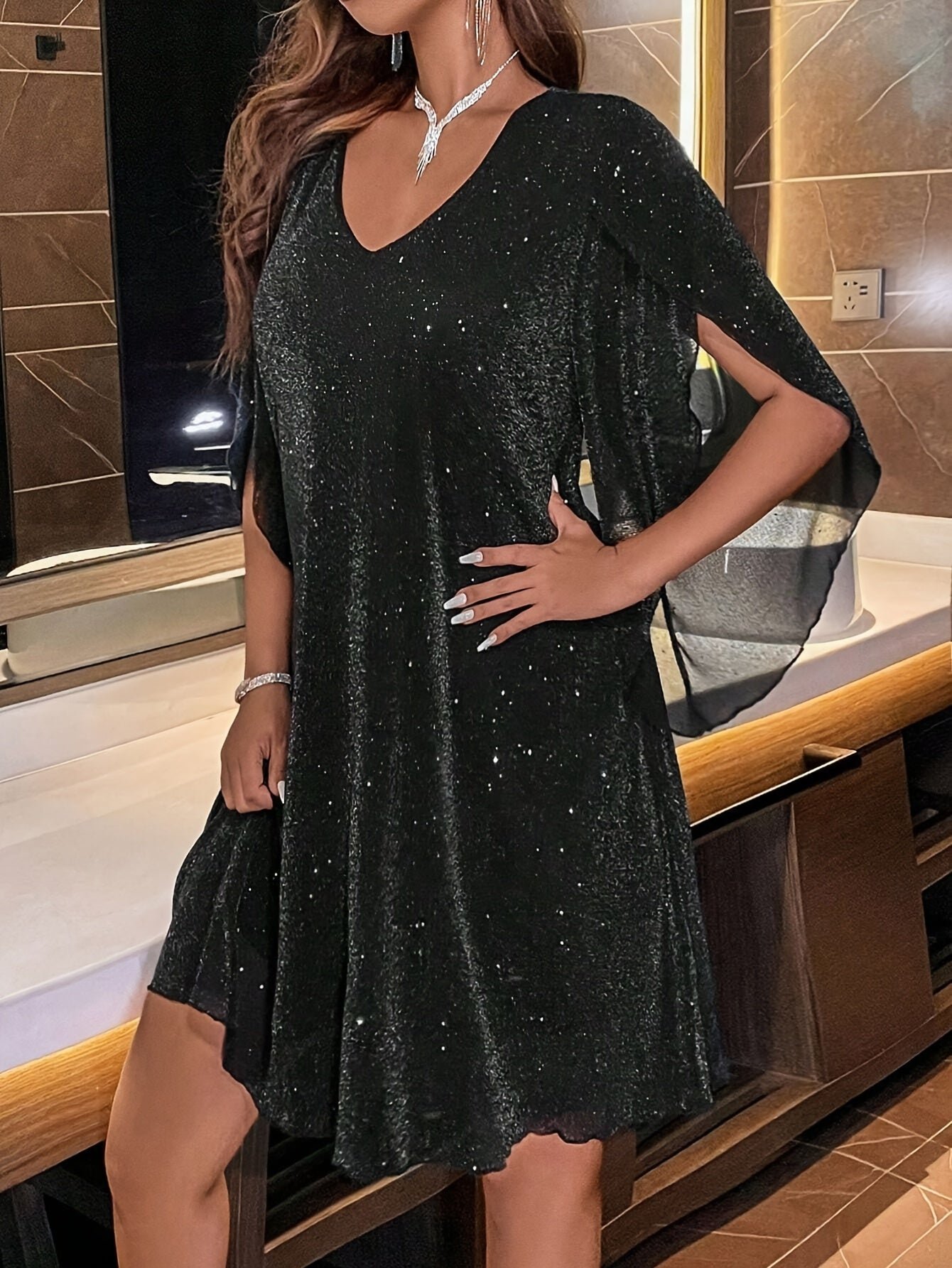 Sequined V Neck Loose Dress, Elegant Cloak Sleeve Mini Dress For Party & Banquet, Women's Clothing