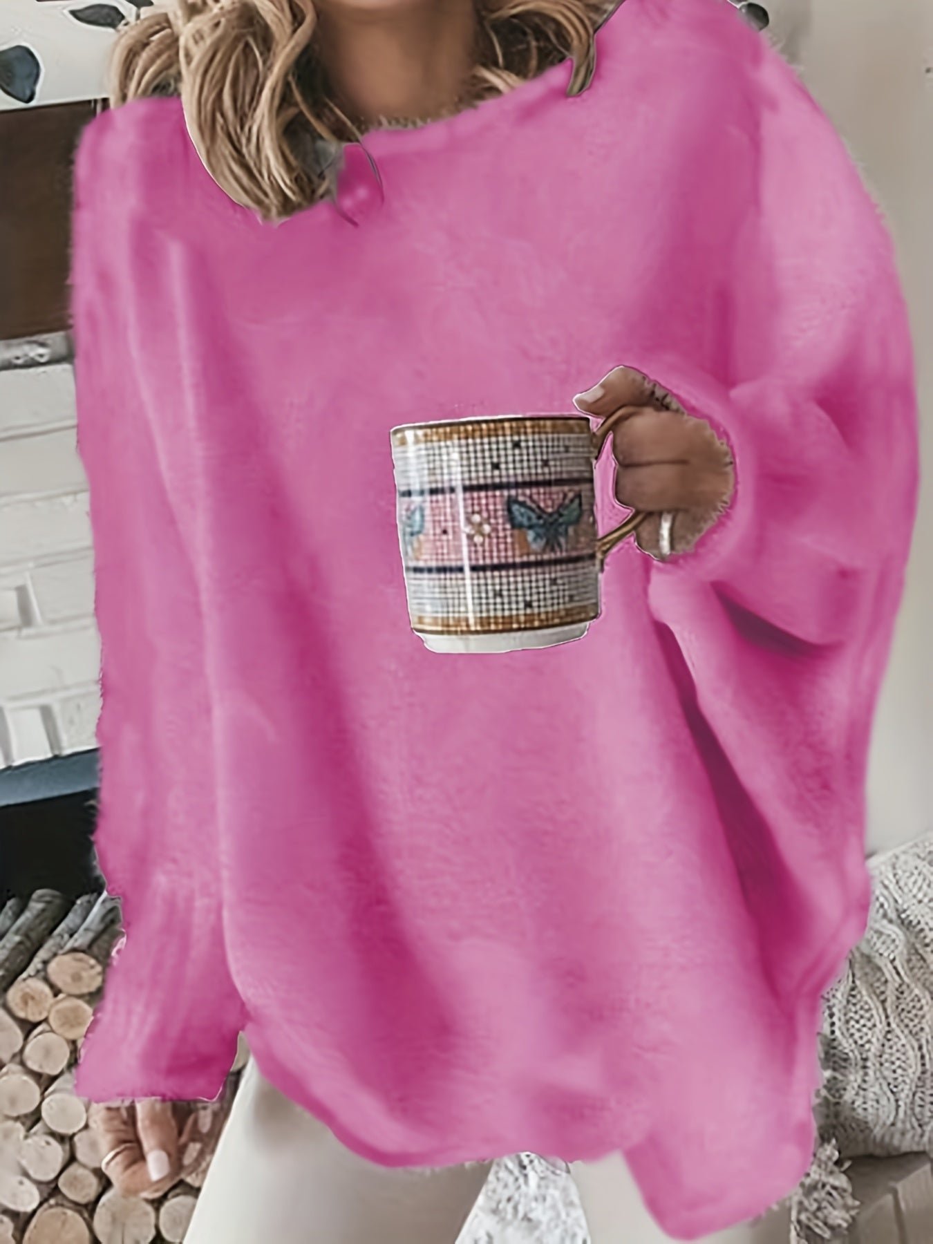 07acec892cbac97c25661a30bbdc6012-1 Plus Size Casual Sweater, Women's Plus Solid Fluffy Round Neck Long Sleeve Sweater