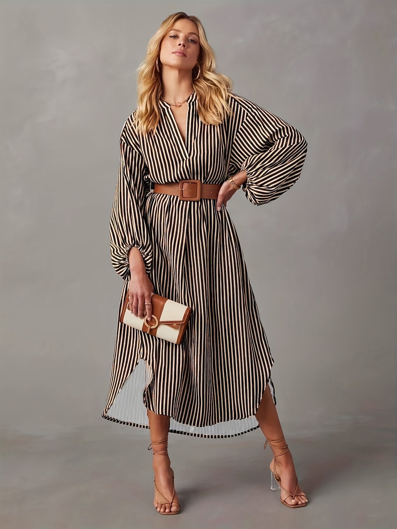 086a7c226a8778829ac5aac3fa967d3d Striped Print Lantern Sleeve Dress, Stylish Notch Neck Dress For Spring & Fall, Women's Clothing