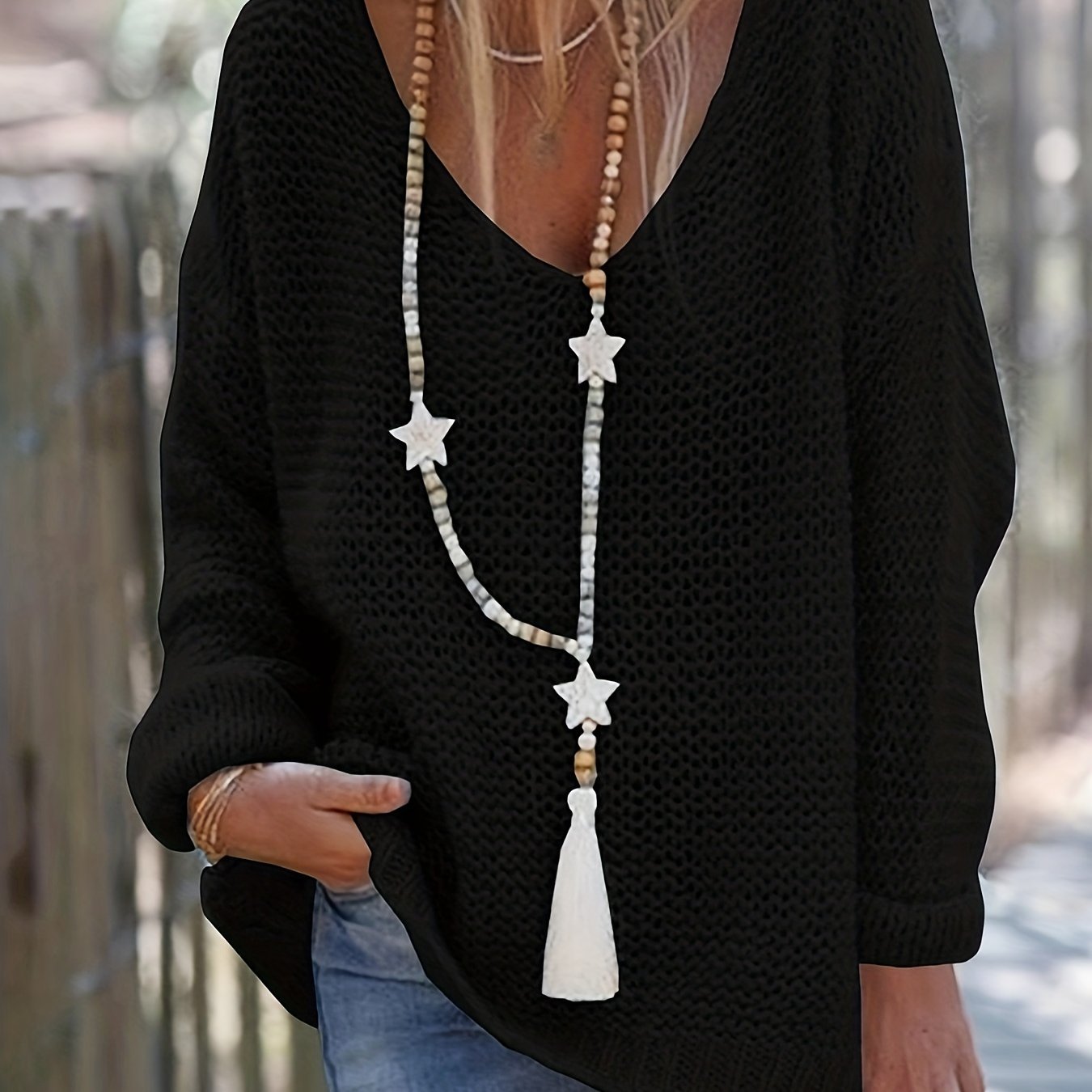 Solid V Neck Knitted Pullover Sweater, Casual Long Sleeve Sweater For Spring & Fall, Women's Clothing