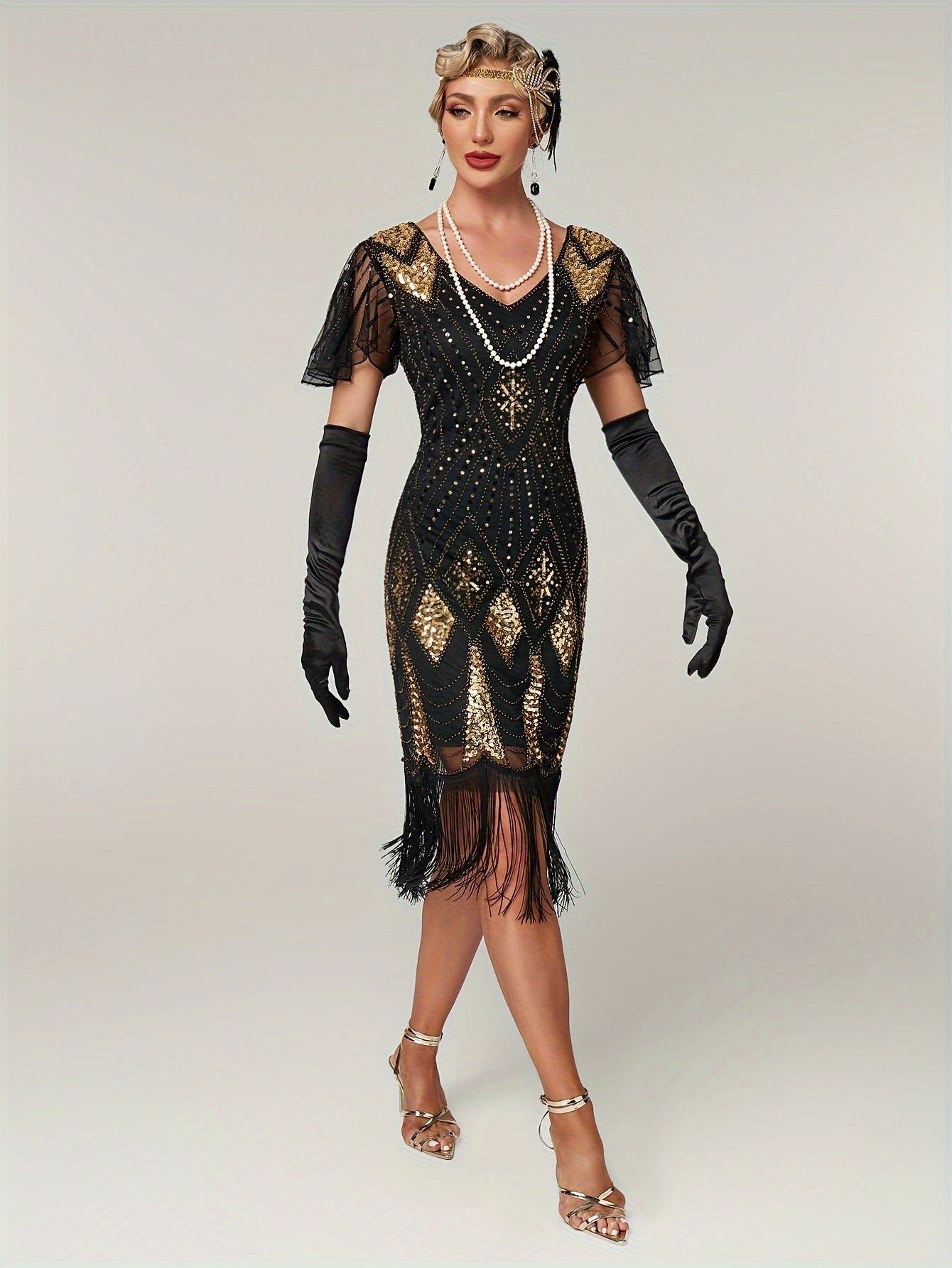 Sequin V Neck Dress, Elegant Fringe Hem Dress For Party & Club, Women's Clothing Wedding/Evening dress/Occasion/Engagement/Ceremony