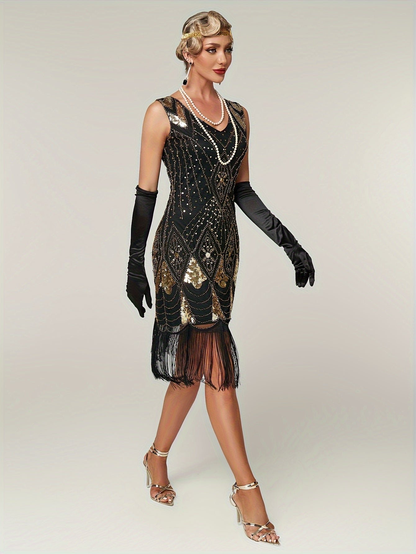 Sparkling Sequin V Neck Dress, Elegant Sleeveless Sheath Fringe Hem Dance Dress For Party & Club, Women's Clothing