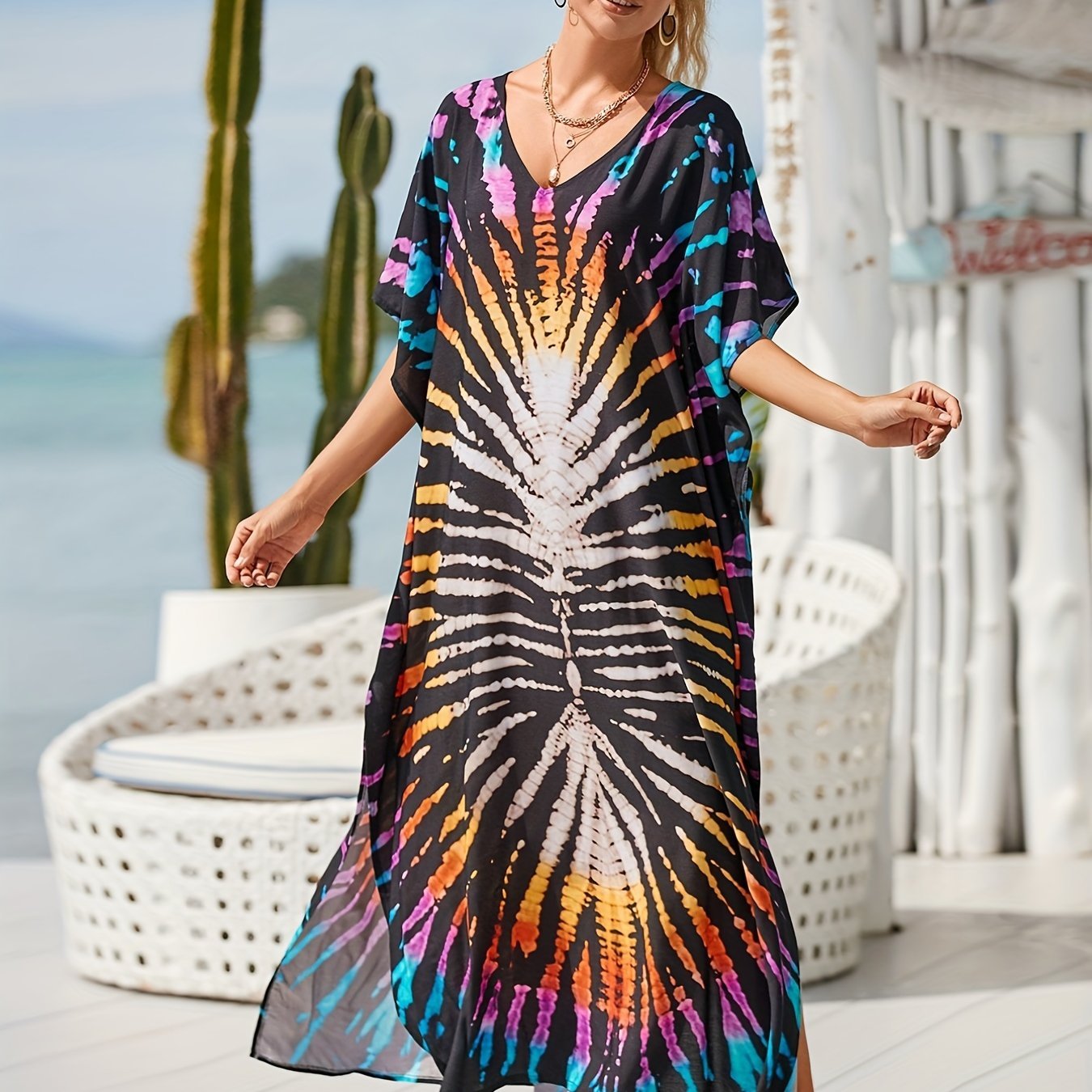 0f55b65fc42a4ed3fa88dfc7954c9601 Plus Size Vacay Dress, Women's Plus Leaf Print Bat Sleeve V Neck Split Hem Cover Up Maxi Dress