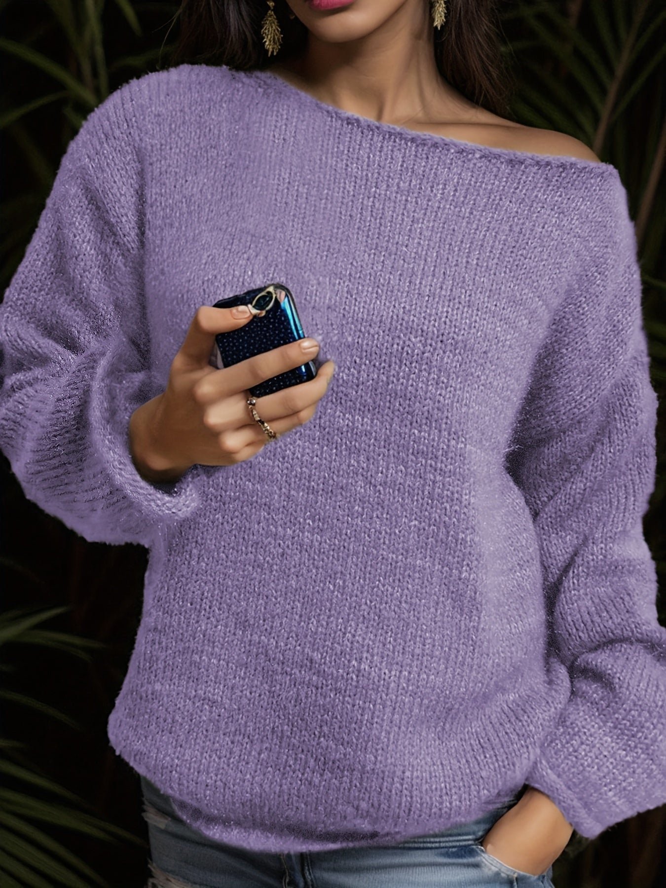 Solid Boat Neck Pullover Sweater, Casual Long Sleeve Drop Shoulder Loose Sweater, Women's Clothing