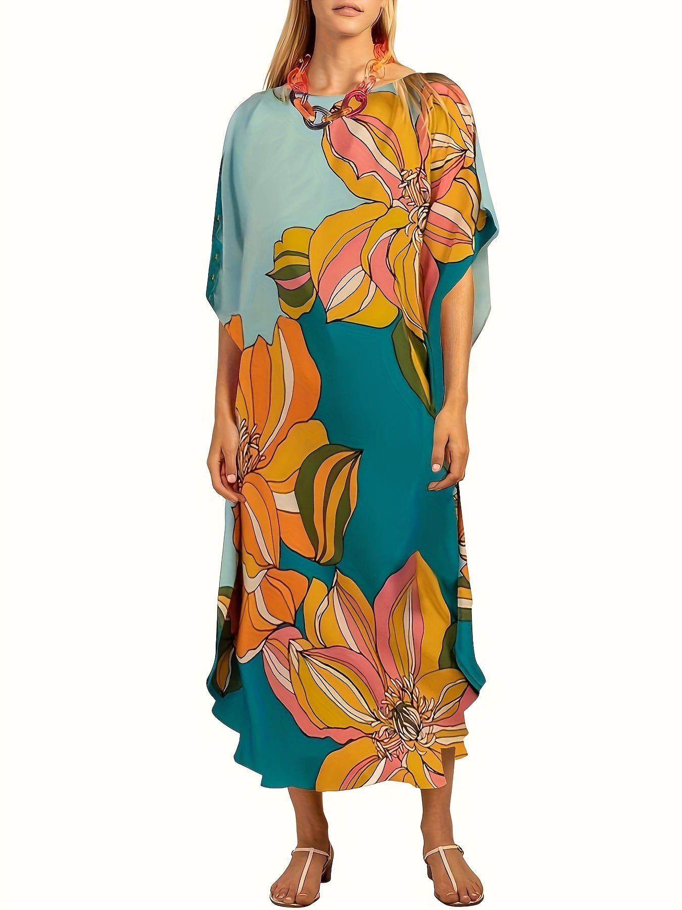 Color Block Crew Neck Dress, Casual Short Sleeve Loose Asymmetrical Dress For Spring & Summer, Women's Clothing