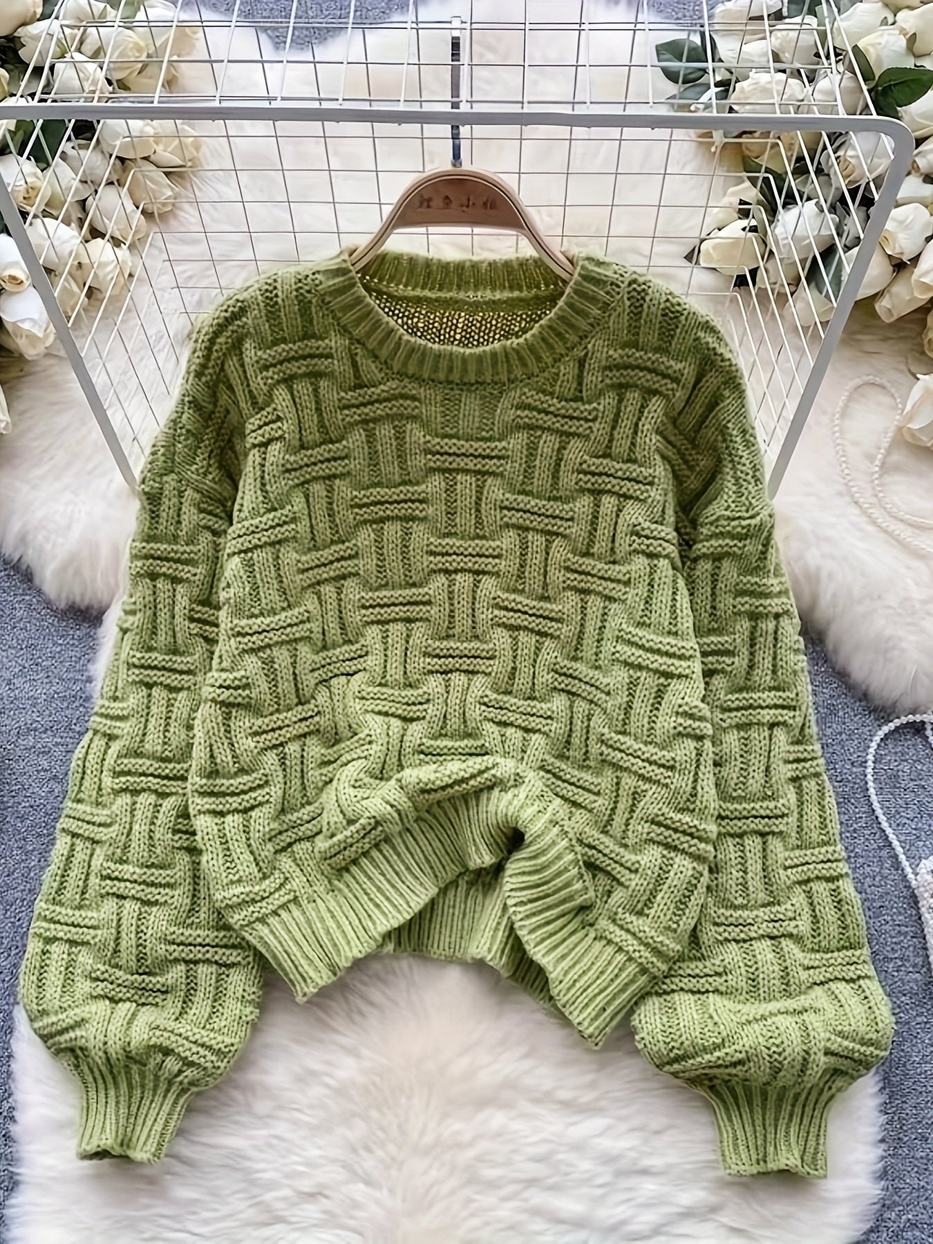 104495513b38efaea2ae2bc9892e5bd0-1 Solid Crew Neck Pullover Sweater, Casual Long Sleeve Loose Sweater For Fall & Winter, Women's Clothing