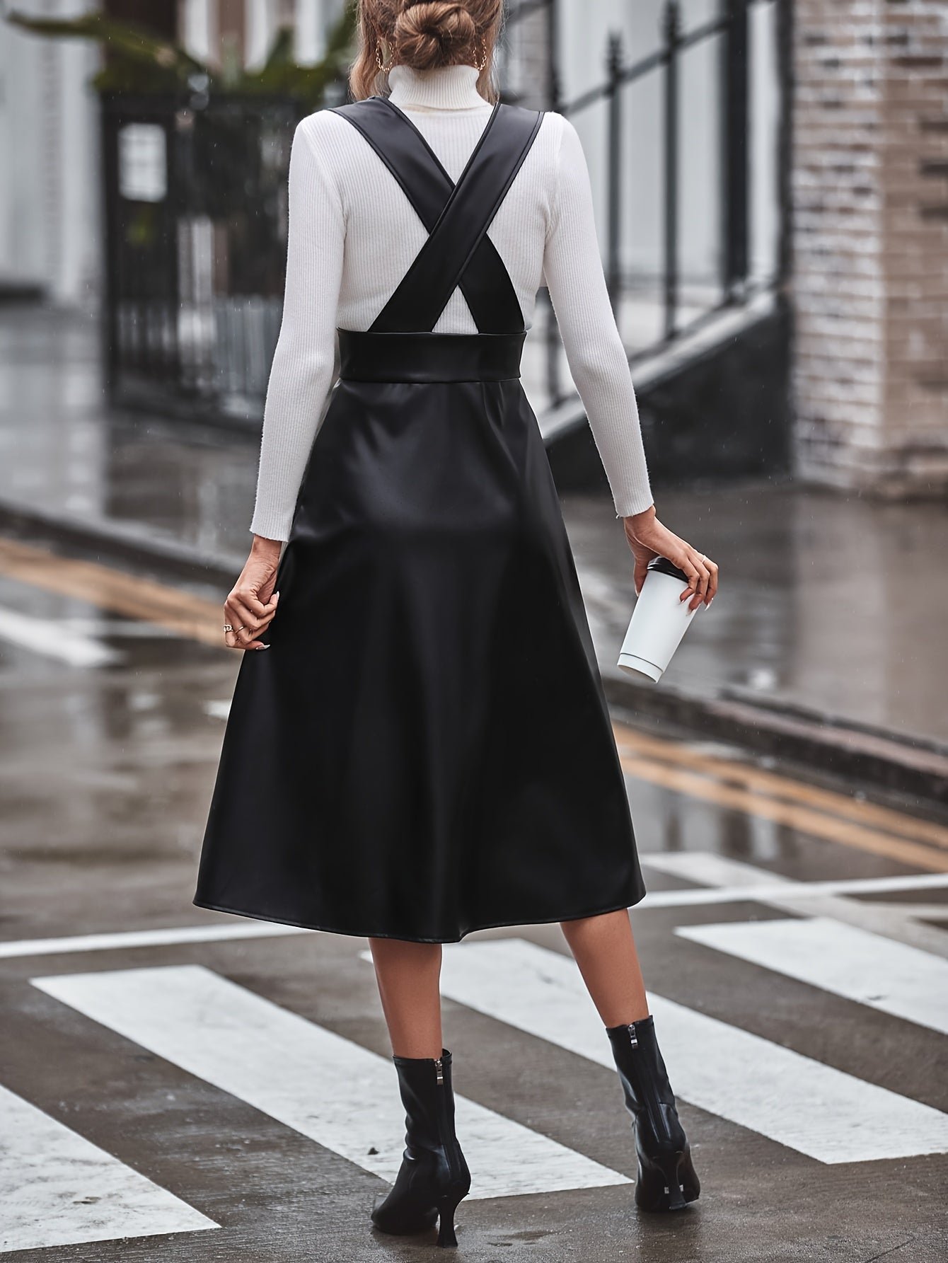 Faux Leather Button Decor Dress, Stylish Plunge Neck A-line Dress, Women's Clothing