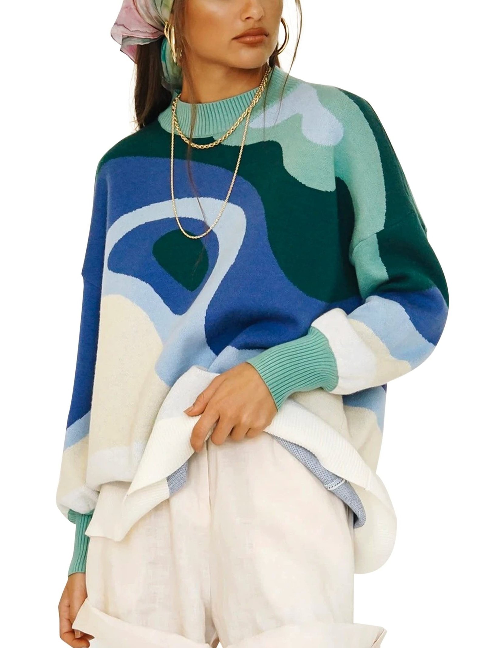 10d2706bb2146aa5477d31f1911a3da4-1 Plus Size Casual Sweater, Women's Plus Abstract Print Long Sleeve Mock Neck Medium Stretch Pullover Jumper