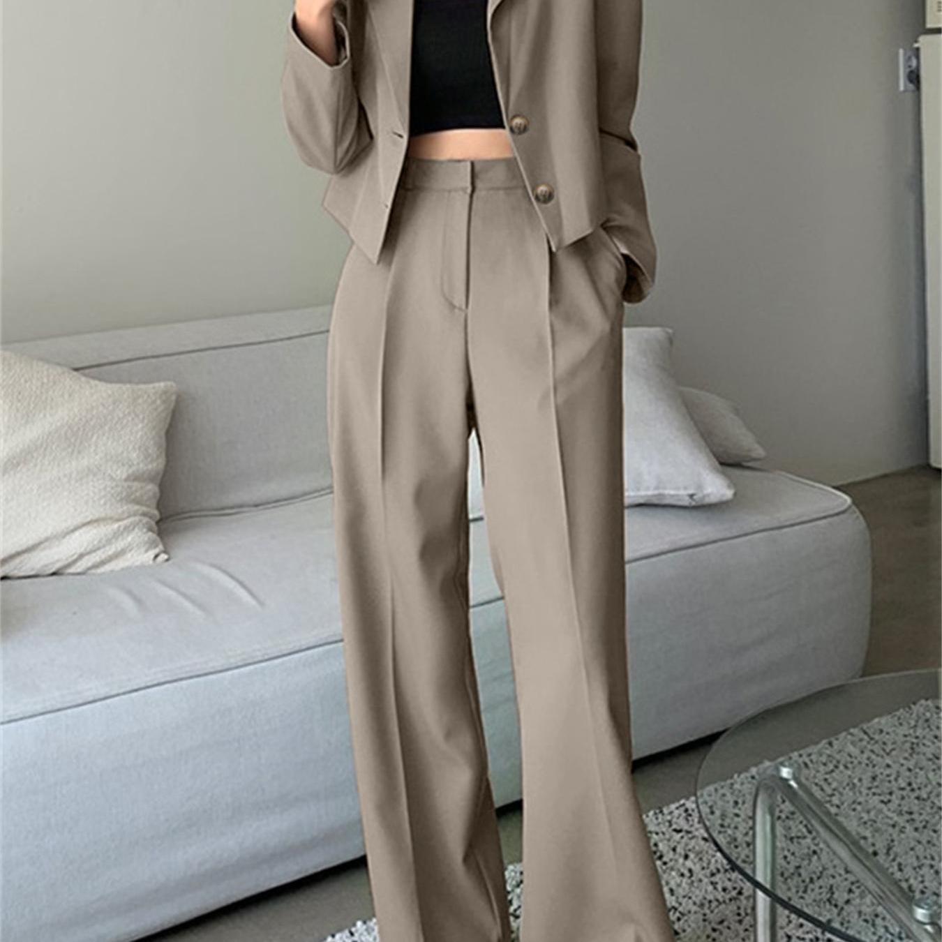 Plus Size Solid Two-piece Set, Long Sleeve Lapel Blazer & Pants Outfits, Women's Plus Size Clothing