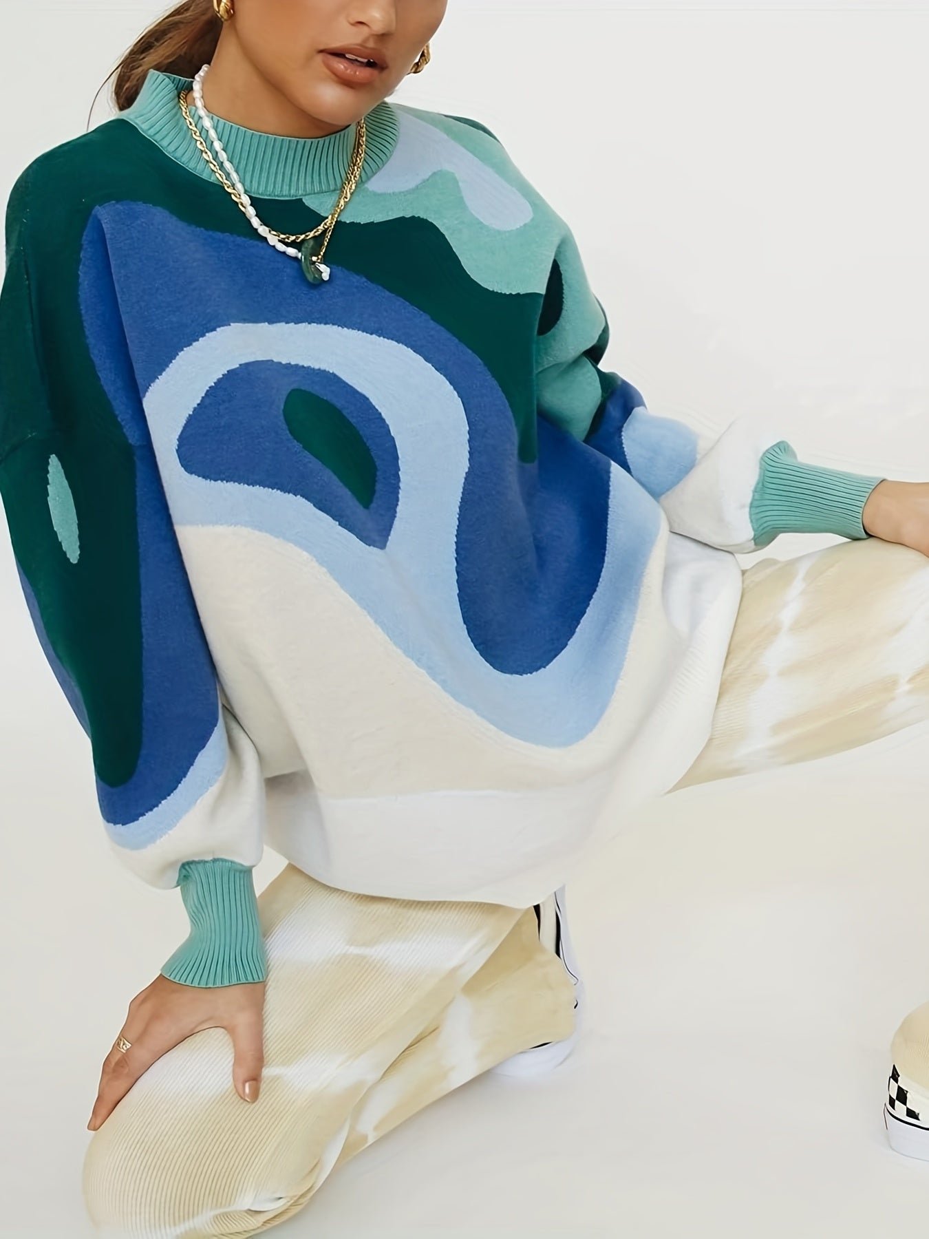 125d09e16fb5a65147a48db1d424754e-1 Plus Size Casual Sweater, Women's Plus Abstract Print Long Sleeve Mock Neck Medium Stretch Pullover Jumper