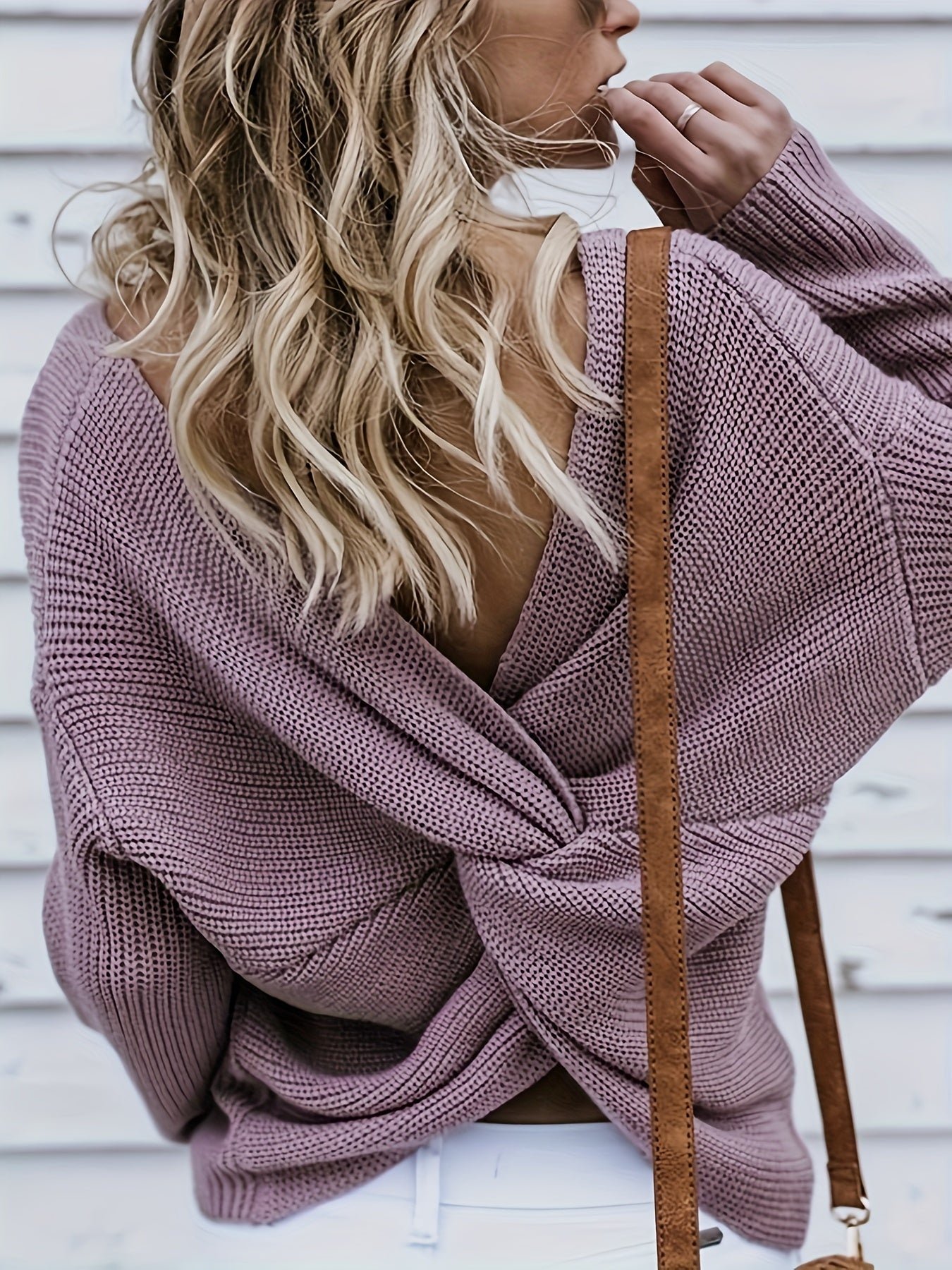 Solid Twist Back Pullover Sweater, Elegant Backless Long Sleeve Sweater, Women's Clothing