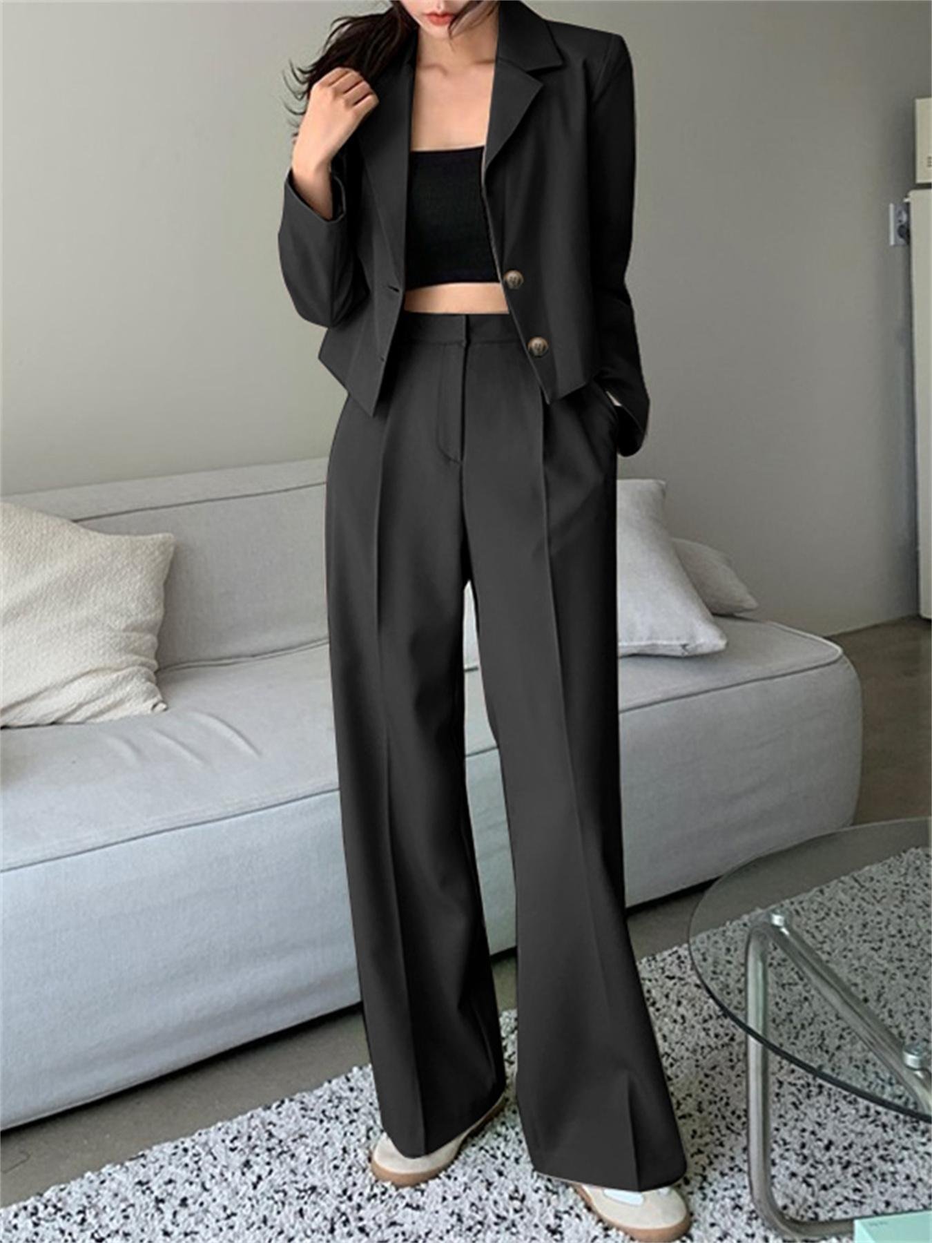 1702894230731-a4471635c8cd4933af281e114658db92-goods-1 Plus Size Solid Two-piece Set, Long Sleeve Lapel Blazer & Pants Outfits, Women's Plus Size Clothing