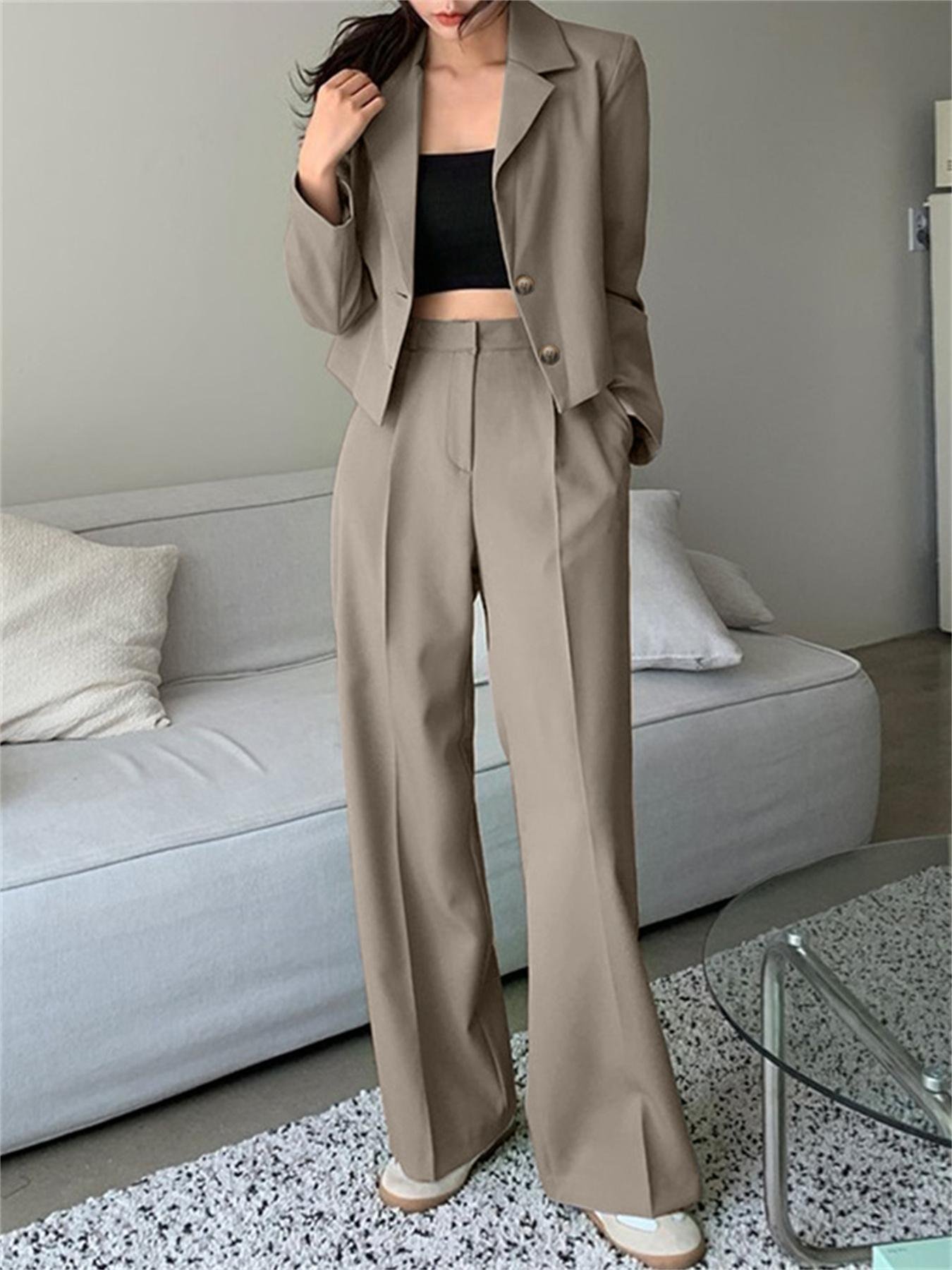 Plus Size Solid Two-piece Set, Long Sleeve Lapel Blazer & Pants Outfits, Women's Plus Size Clothing