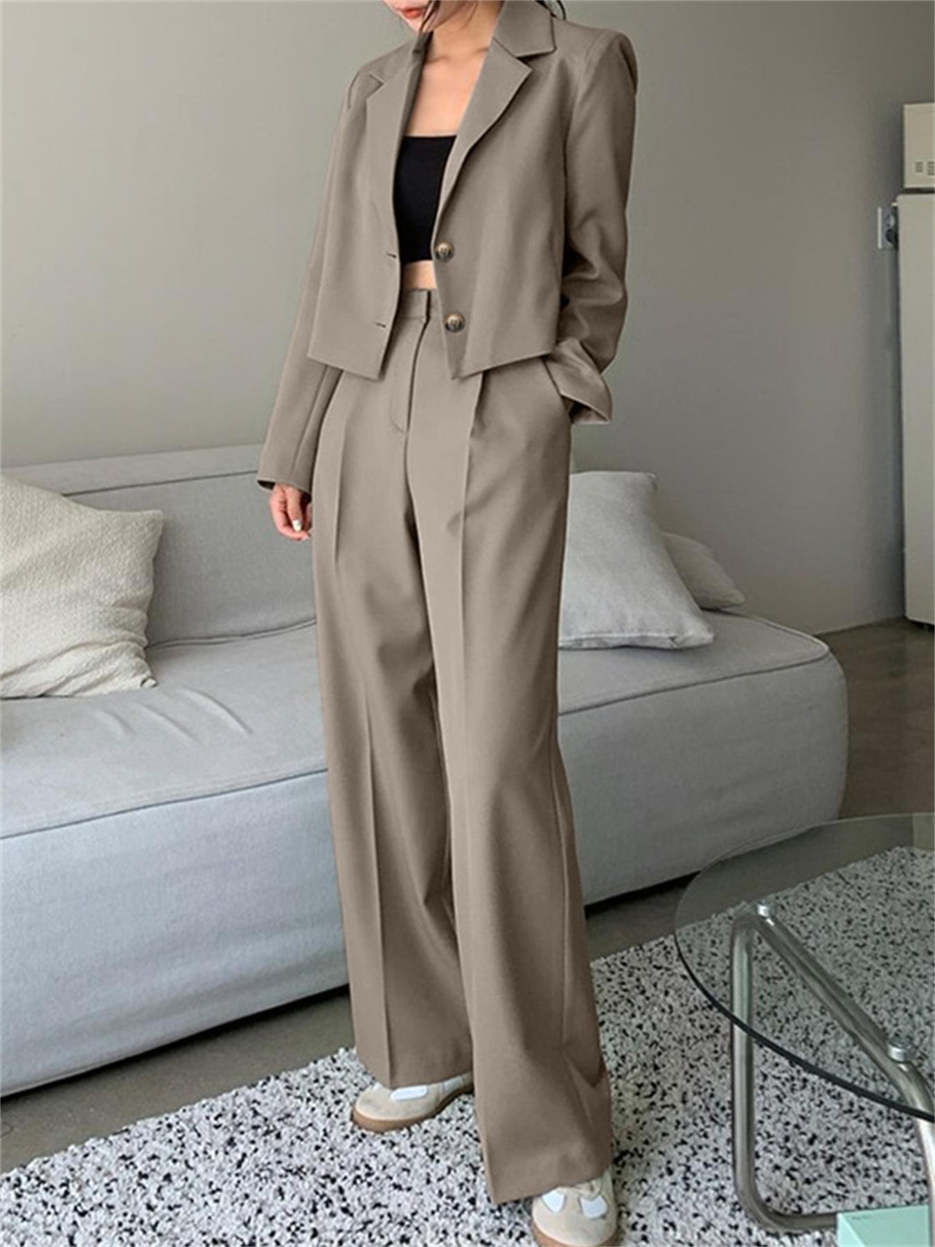 Plus Size Solid Two-piece Set, Long Sleeve Lapel Blazer & Pants Outfits, Women's Plus Size Clothing