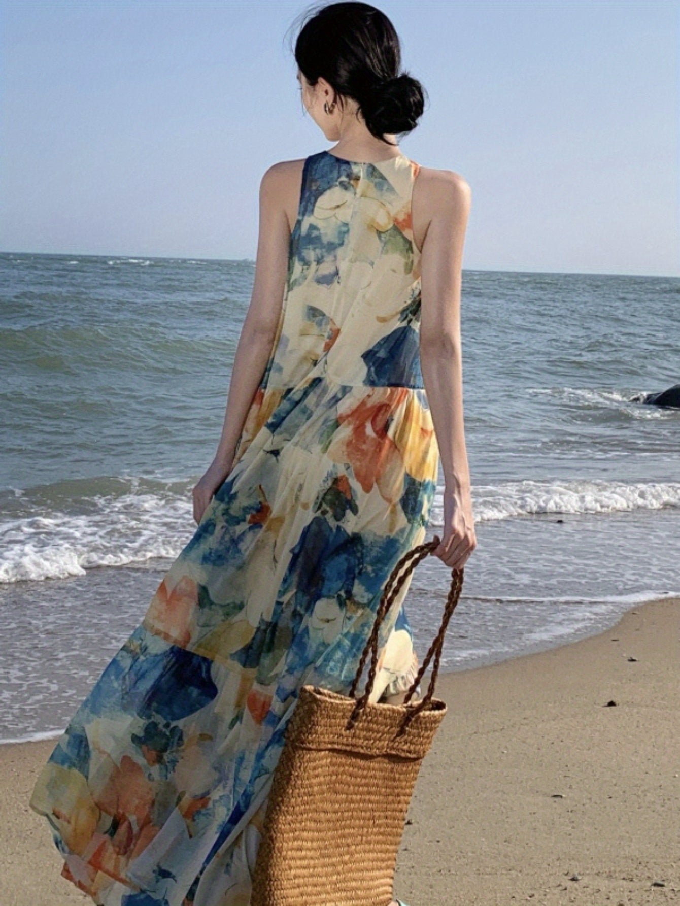 Floral Print Crew Neck Maxi Dress, Vacation Sleeveless Flared Tiered Beach Swing Dress, Women's Clothing