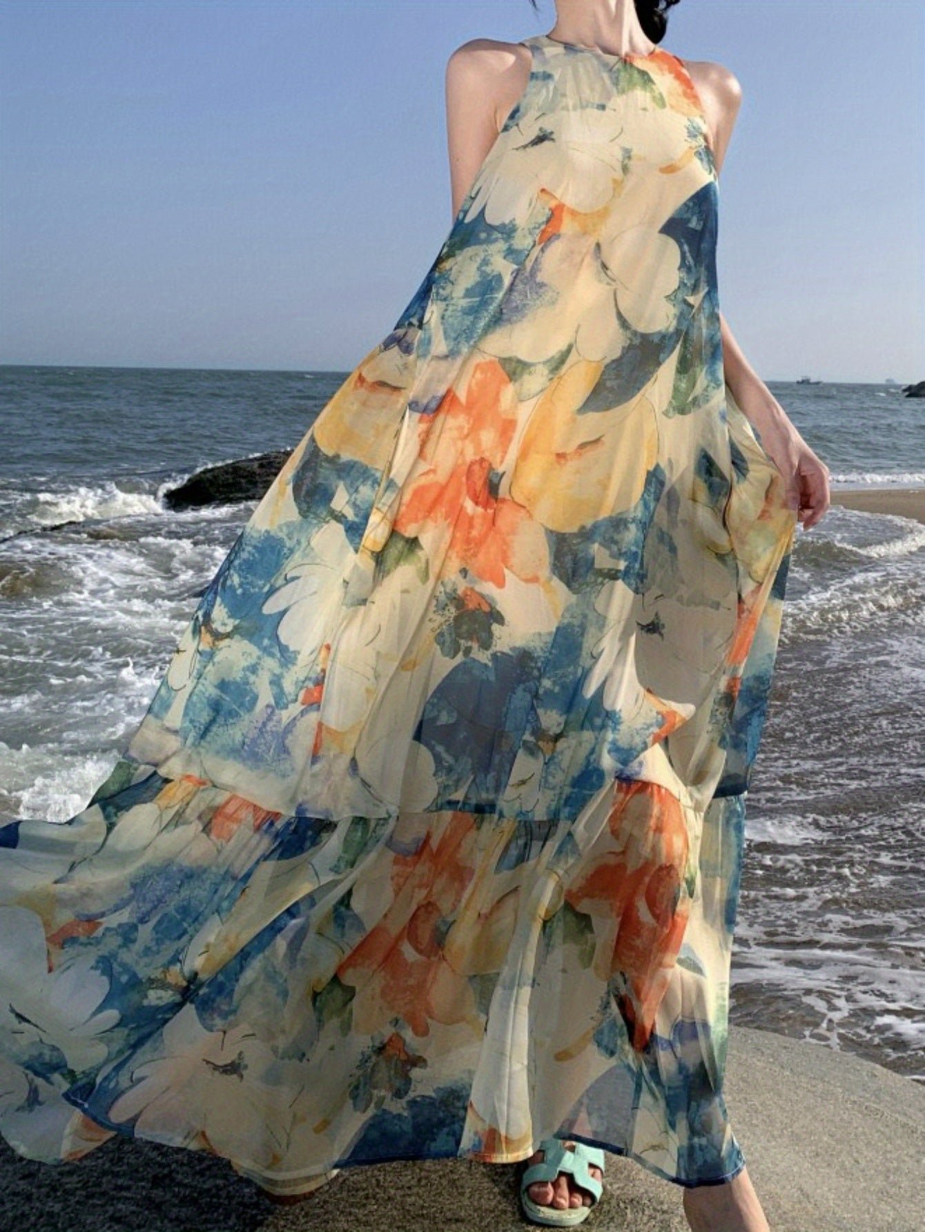 1715072115859-ab31b6725e1b439ebfef410bf606e4aa-goods Floral Print Crew Neck Maxi Dress, Vacation Sleeveless Flared Tiered Beach Swing Dress, Women's Clothing