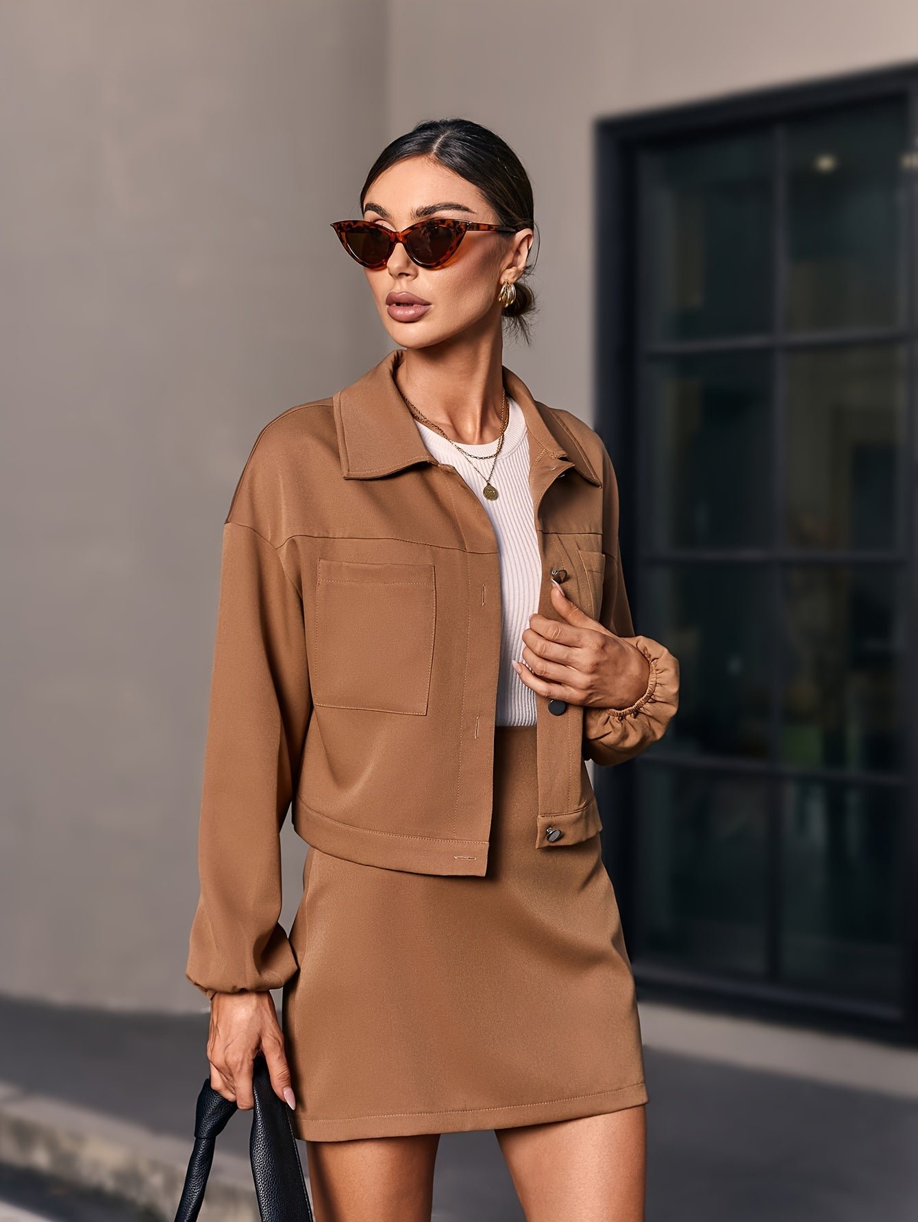 Classy Two-piece Set, Lapel Collar Button Front Shirt & A-line Skirt Outfits, Women's Clothing