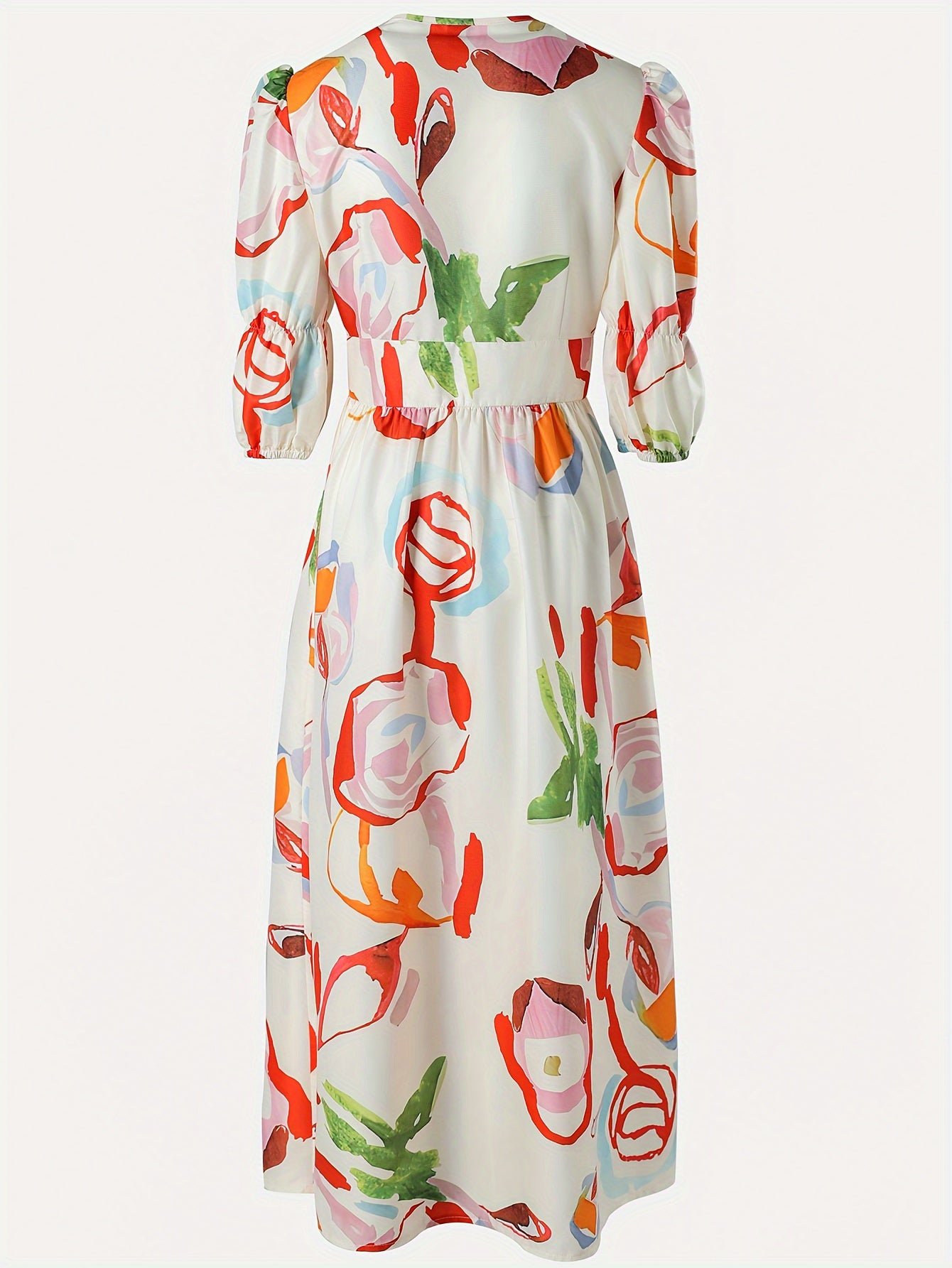 Allover Print V-neck Dress, Elegant Short Sleeve A-line Dress For Spring & Summer, Women's Clothing