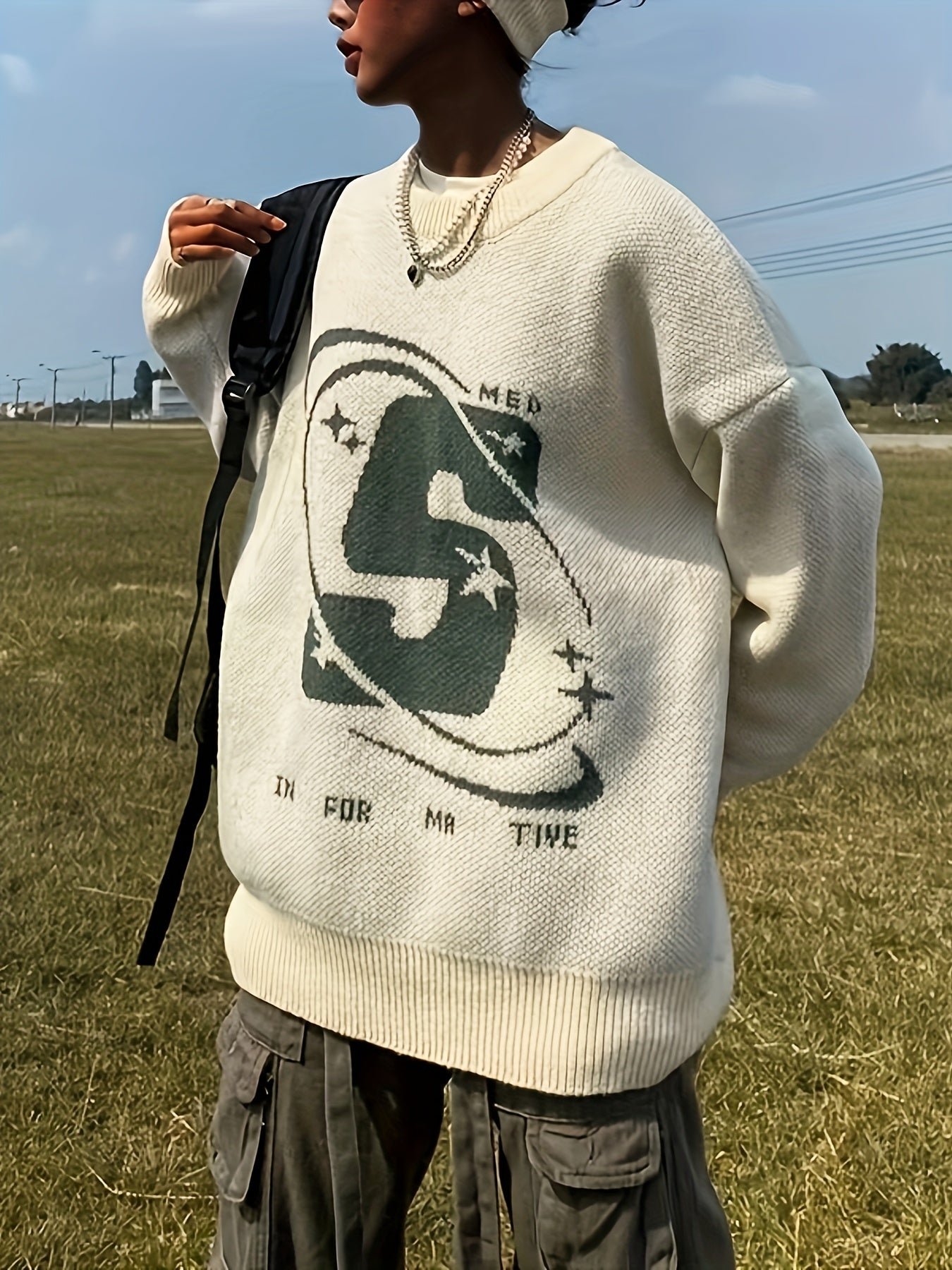 Letter Pattern Crew Neck Pullover Sweater, Casual Long Sleeve Sweater For Fall & Winter, Women's Clothing