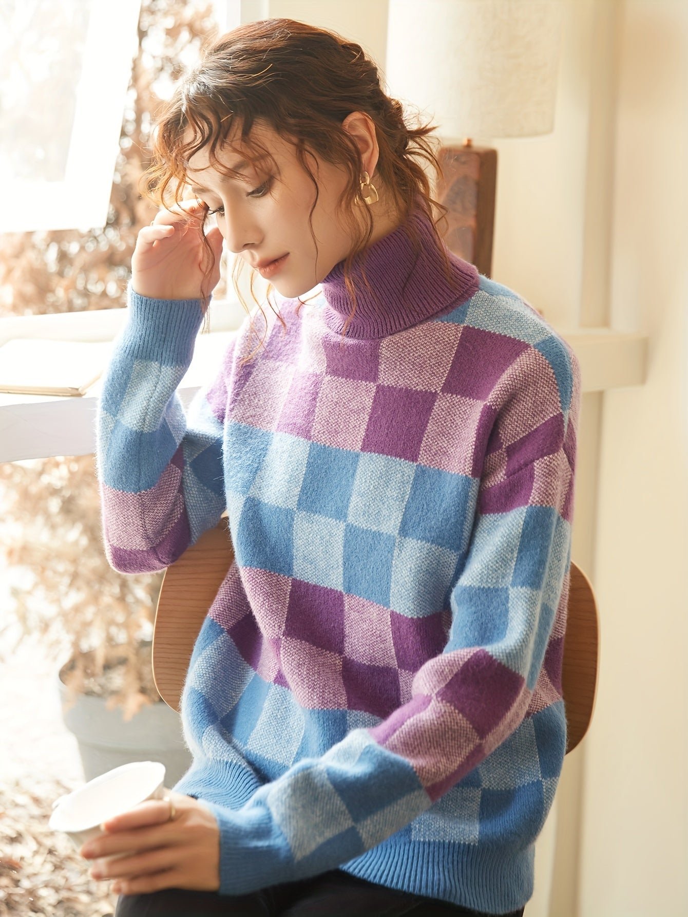 228dbcd1-0db0-4dd4-8d49-67426dec5441-1 Geo Pattern Turtleneck Knitted Pullover Sweater, Casual Long Sleeve Top For Fall & Winter, Women's Clothing