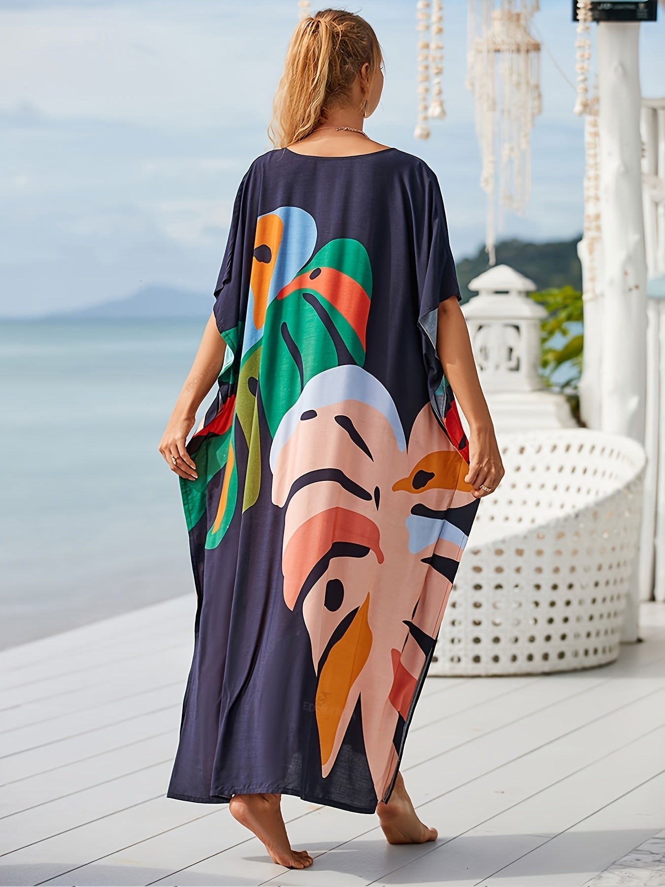 23fae5574bdb984adb294b9a5ba8ca86 Plus Size Vacay Dress, Women's Plus Leaf Print Bat Sleeve V Neck Split Hem Cover Up Maxi Dress