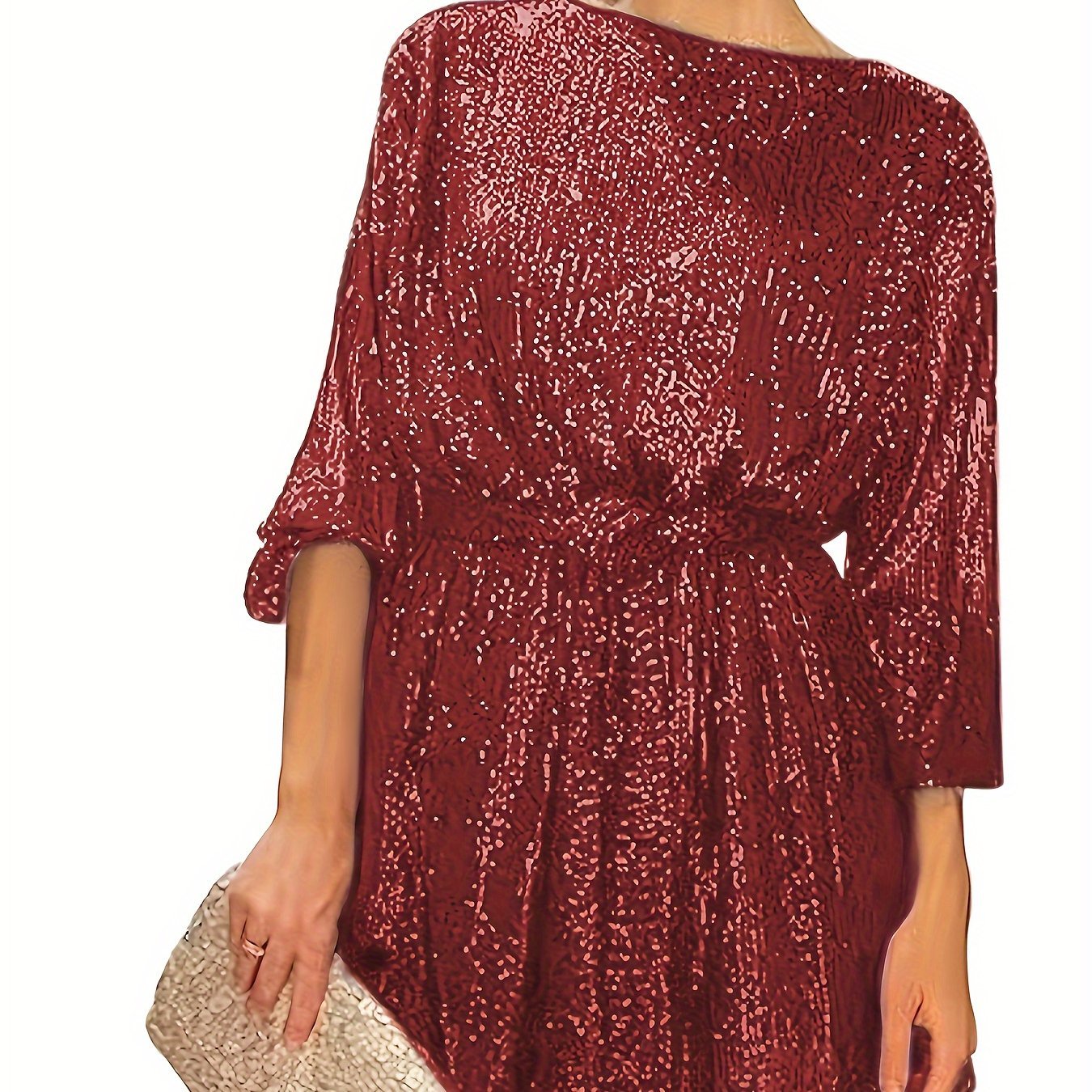 Sequined Tie Waist Dress, Elegant Solid Dress For Club & Party, Women's Clothing