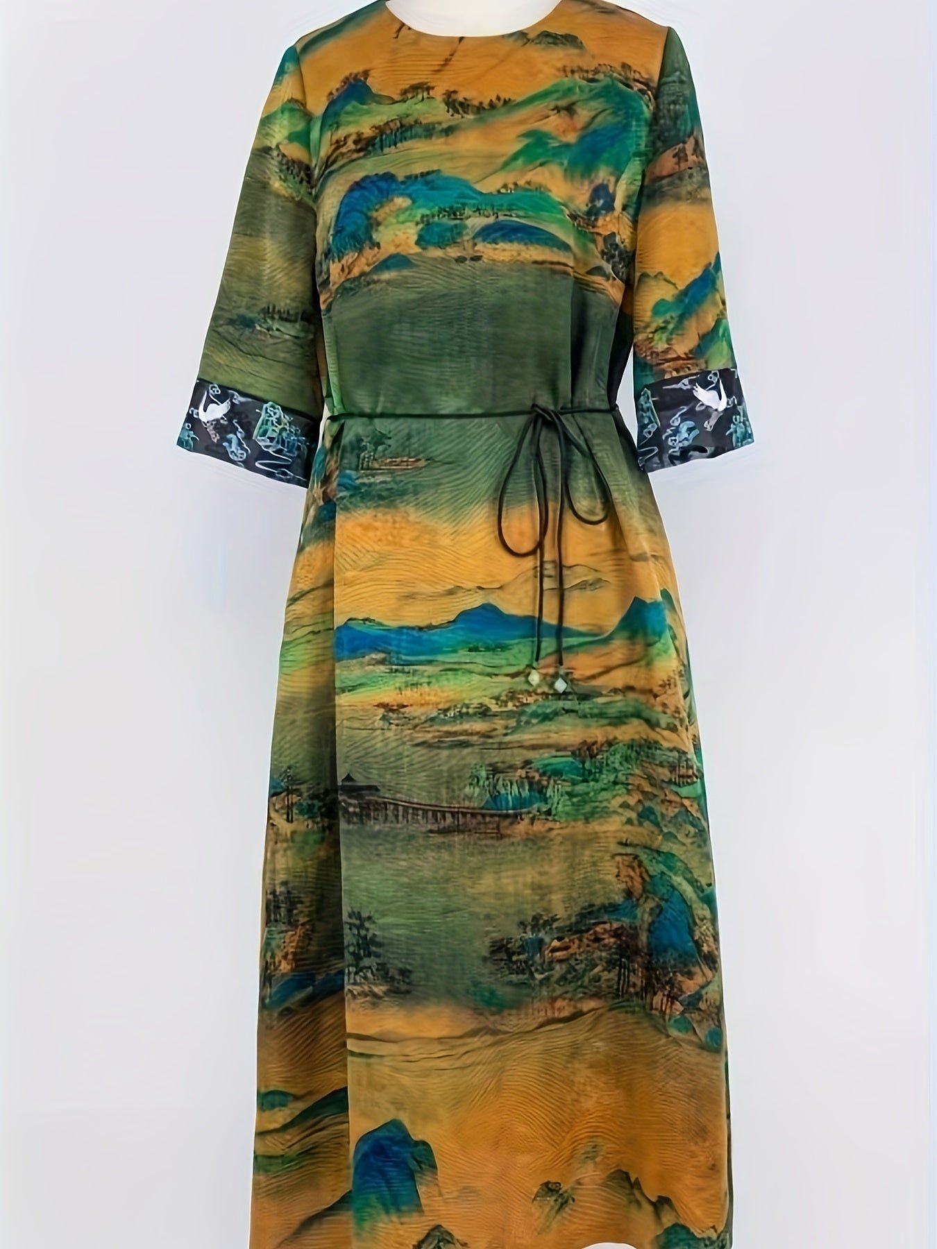 Graphic Print Tie Waist Dress, Vintage Half Sleeve Dress For Spring & Fall, Women's Clothing