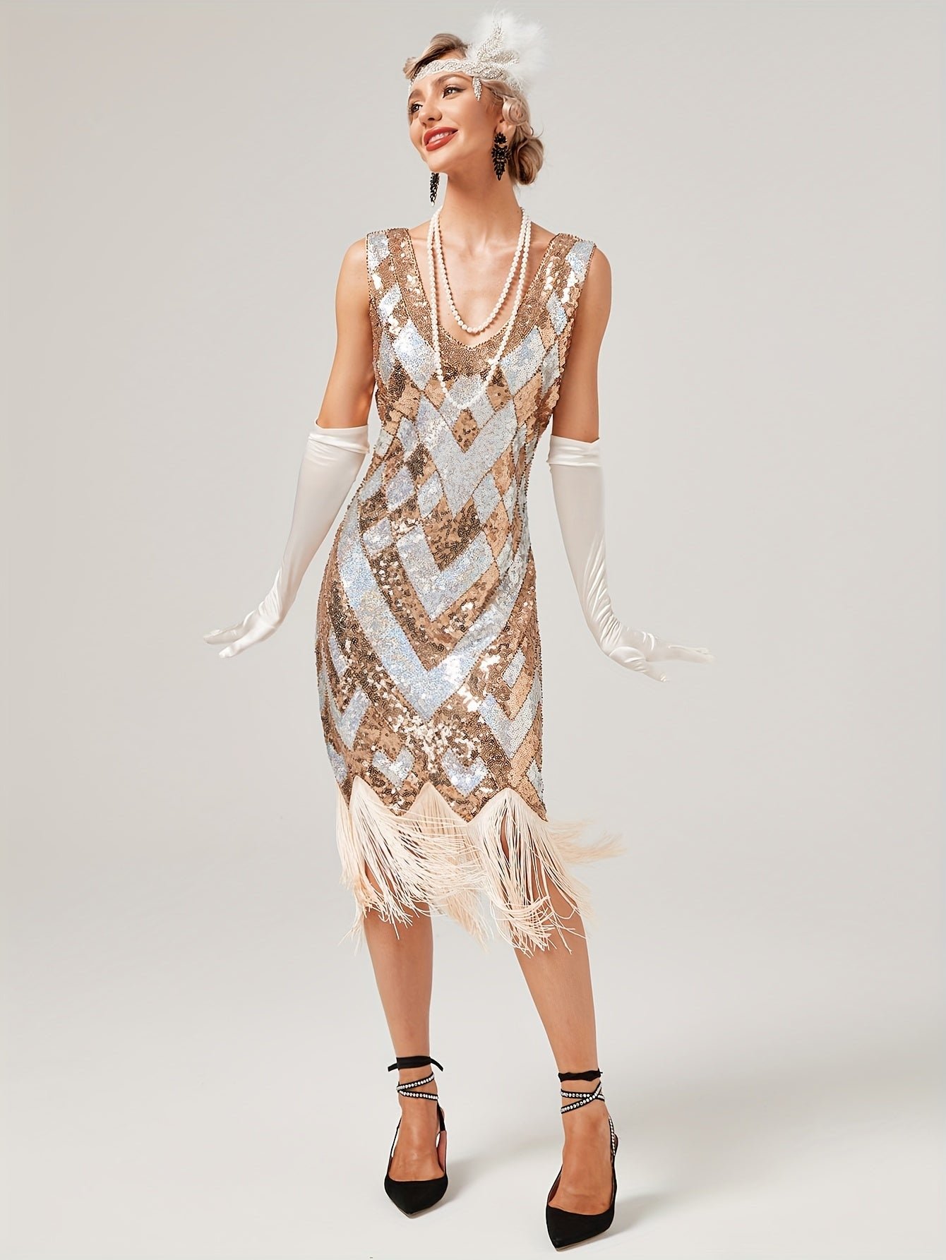 Sequined Tassel Hem Dress, Vintage Plunging Neck Sleeveless Backless Sheath Dress, Women's Clothing