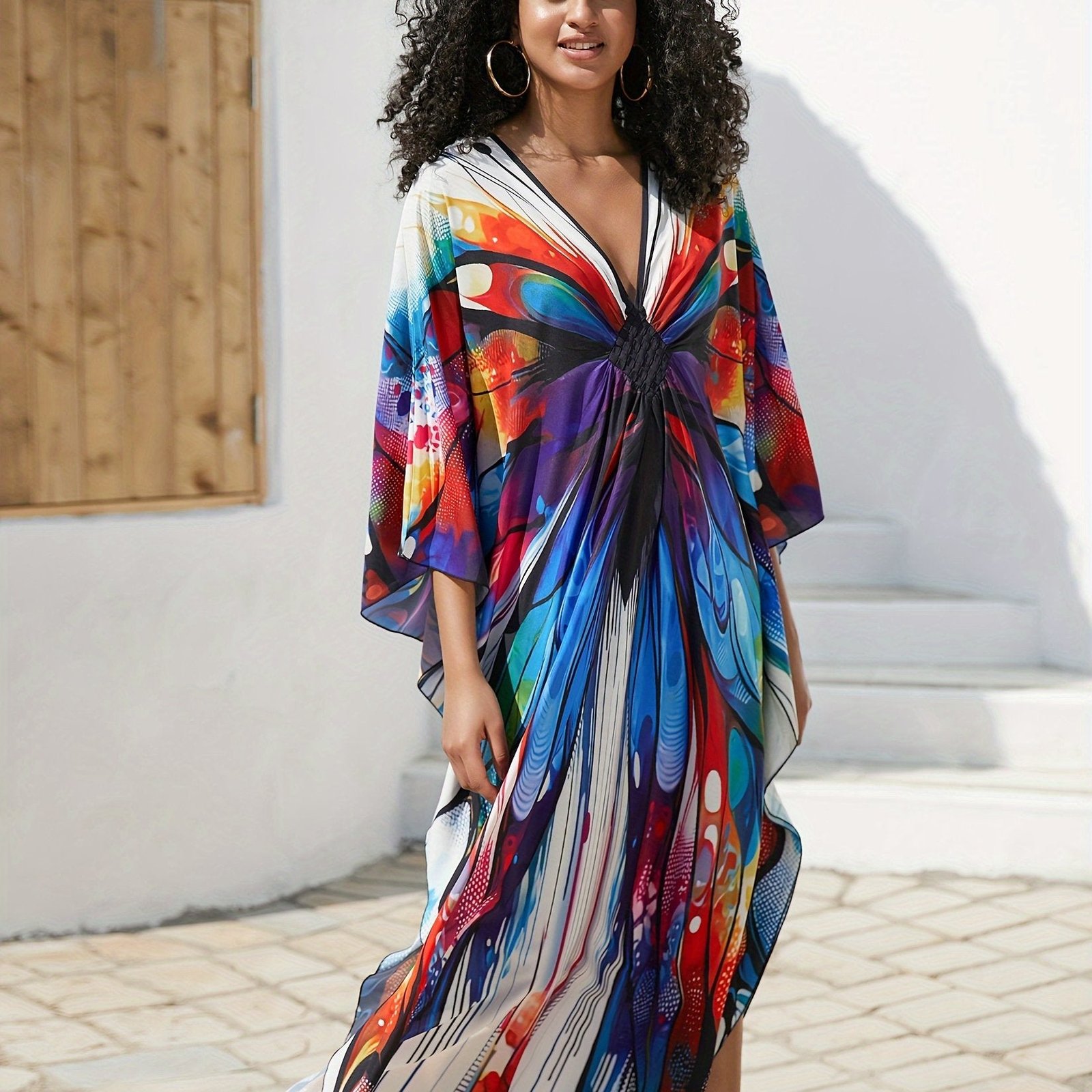 Plus Size Colorful Butterfly Print Slit Dress, Casual Batwing Sleeve Dress For Spring & Summer, Women's Plus Size Clothing