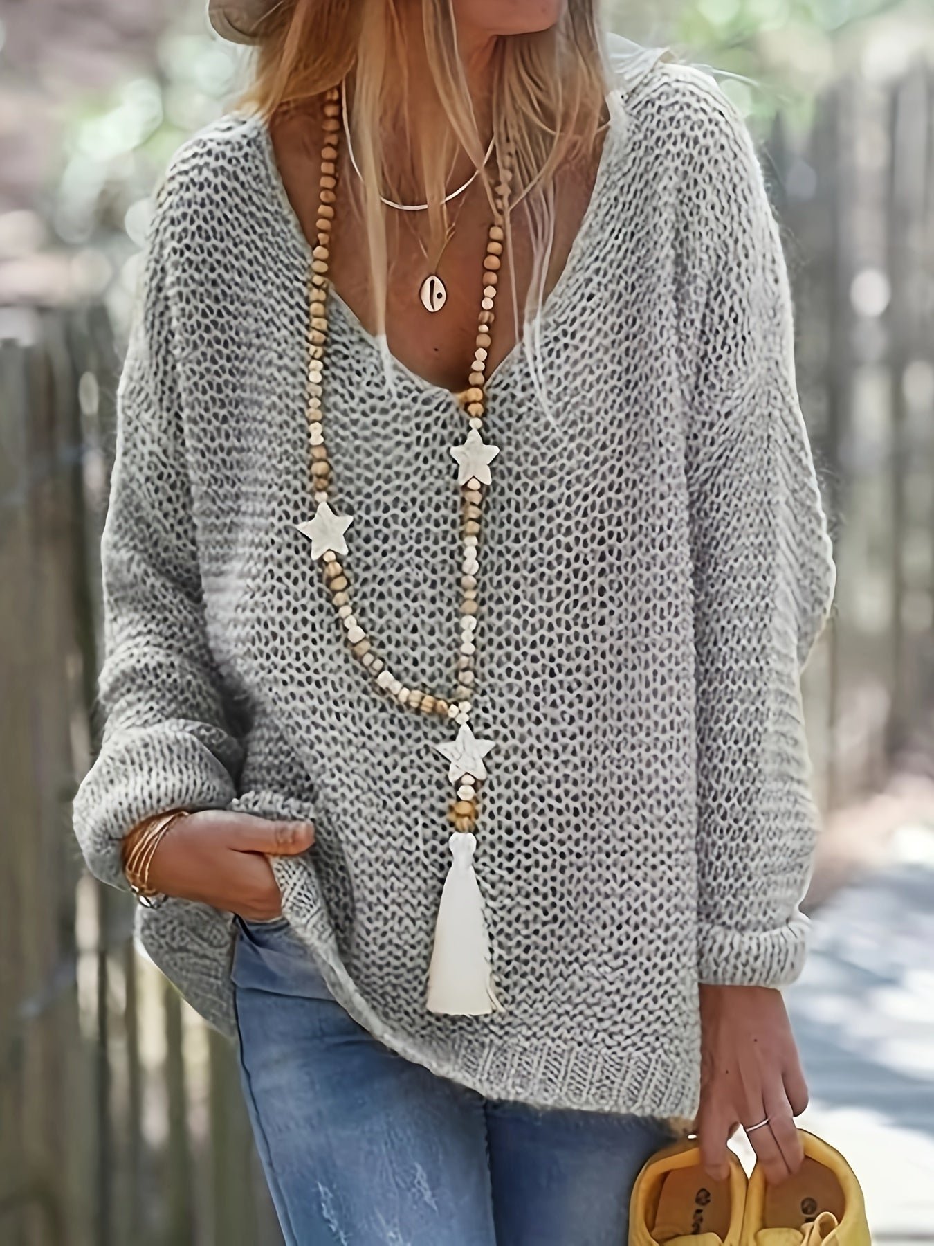 Solid V Neck Knitted Pullover Sweater, Casual Long Sleeve Sweater For Spring & Fall, Women's Clothing