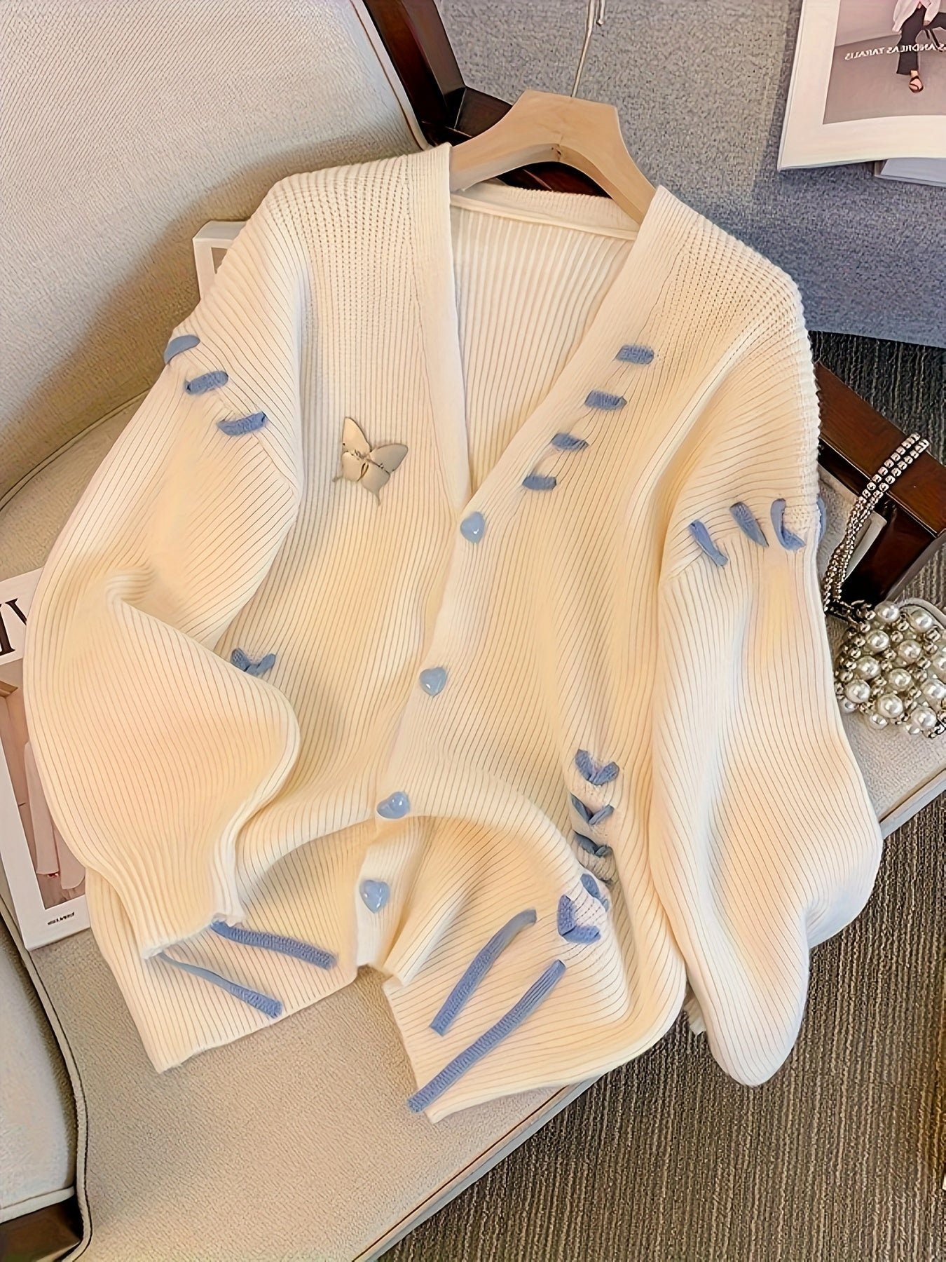 Lace Up Button Down Knit Cardigan, Casual Long Sleeve Loose Sweater, Women's Clothing