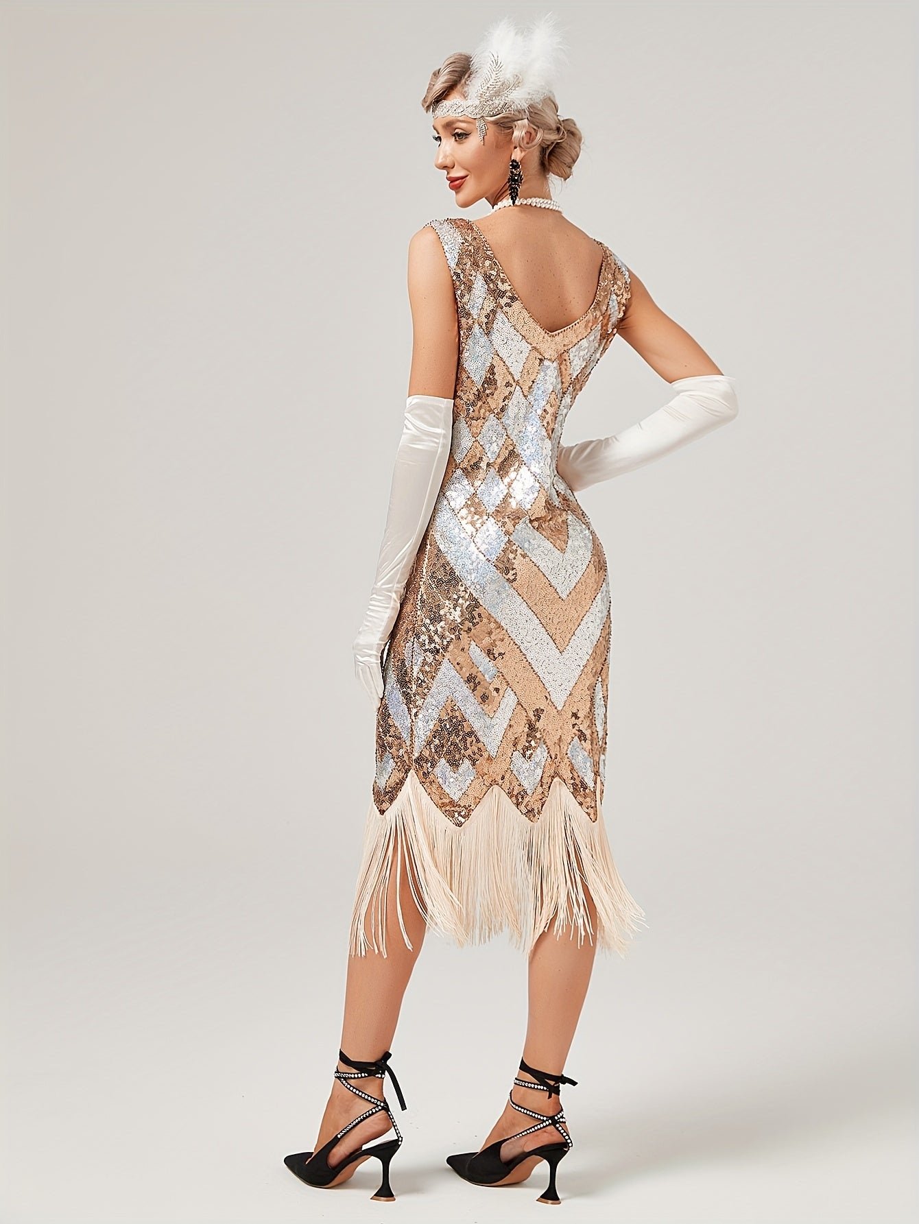 Sequined Tassel Hem Dress, Vintage Plunging Neck Sleeveless Backless Sheath Dress, Women's Clothing