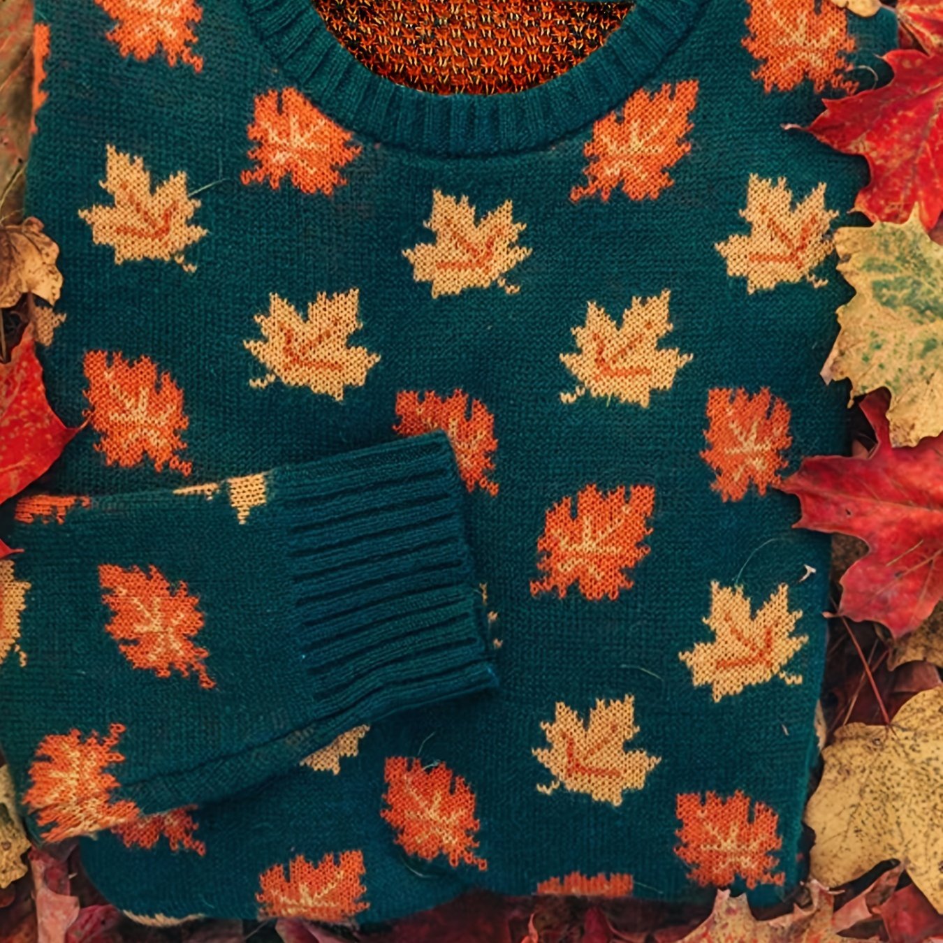 Maple Leaf Pattern Crew Neck Sweater, Casual Long Sleeve Stylish Pullover Sweater, Women's Clothing