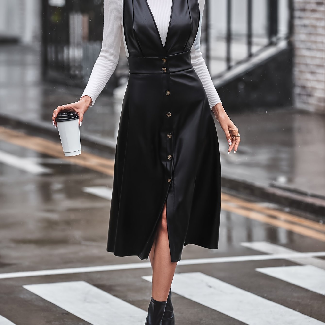 Faux Leather Button Decor Dress, Stylish Plunge Neck A-line Dress, Women's Clothing