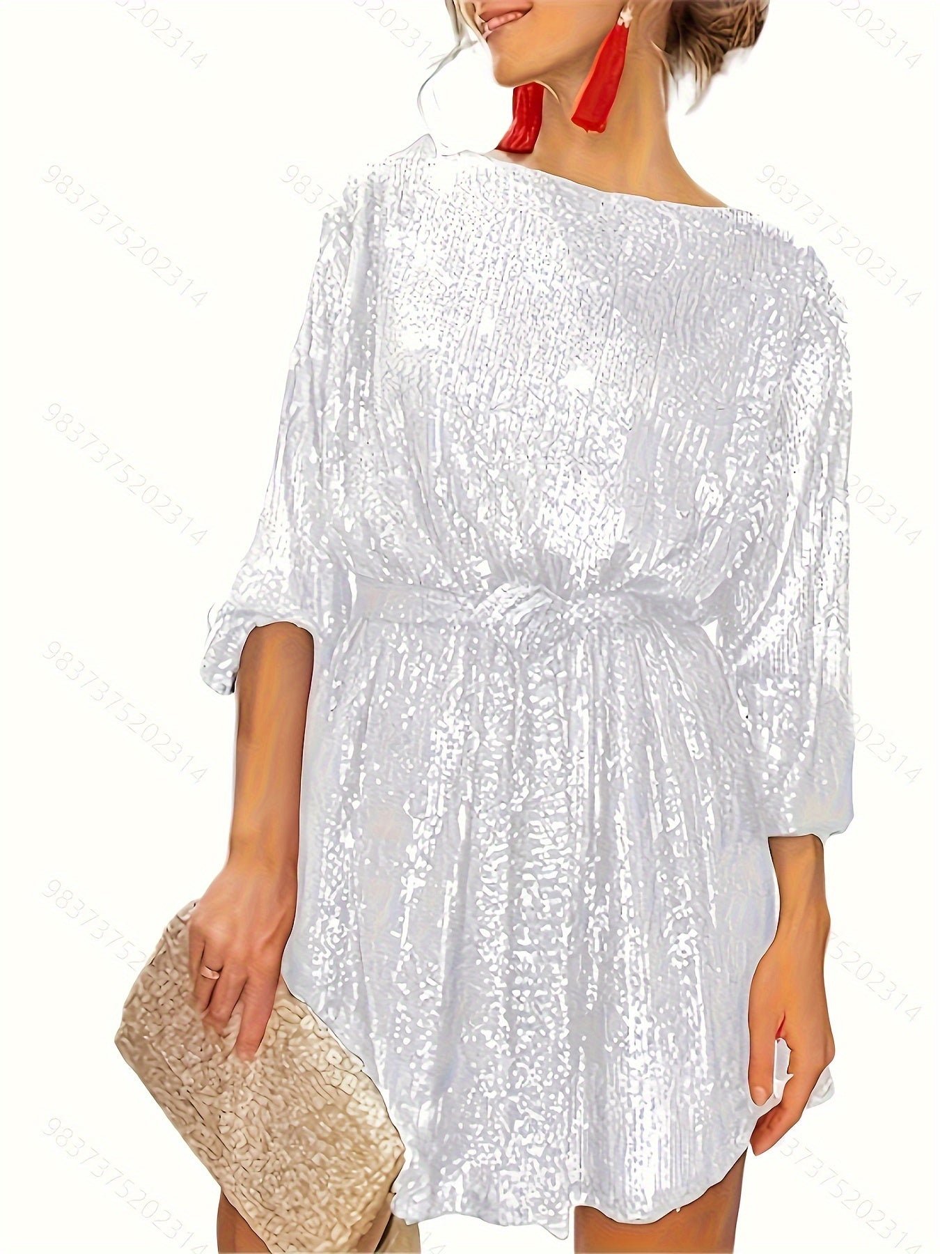 Sequined Tie Waist Dress, Elegant Solid Dress For Club & Party, Women's Clothing