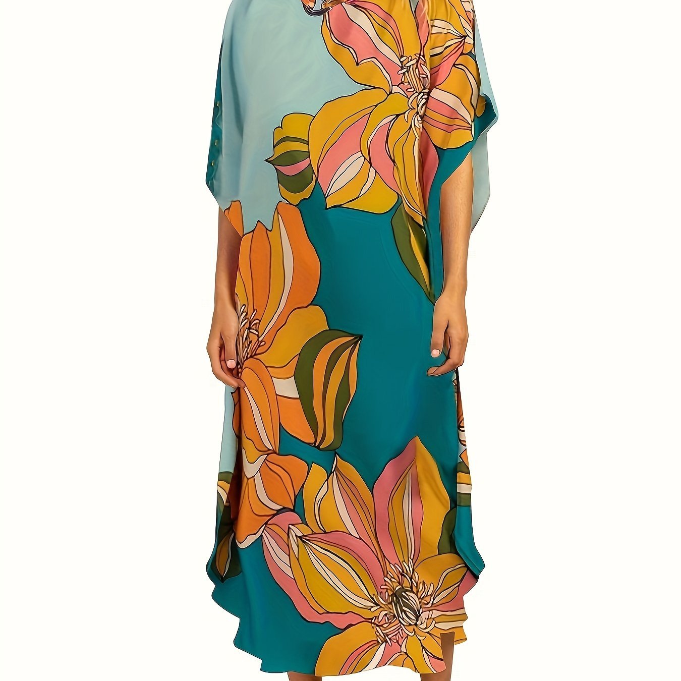 Color Block Crew Neck Dress, Casual Short Sleeve Loose Asymmetrical Dress For Spring & Summer, Women's Clothing