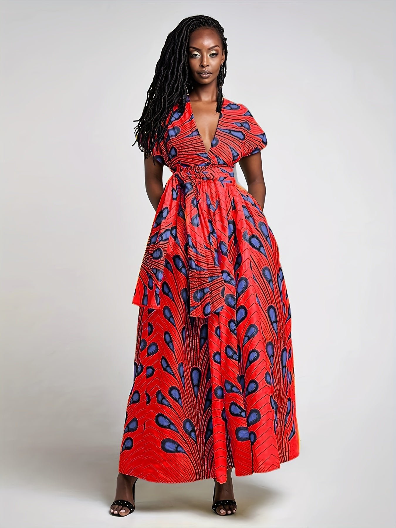 35e505be48a3274d4e8b531e0da14f9b-1 Abstract Print Split Thigh Dress, Boho Plunging High Waist Maxi Dress, Women's Clothing