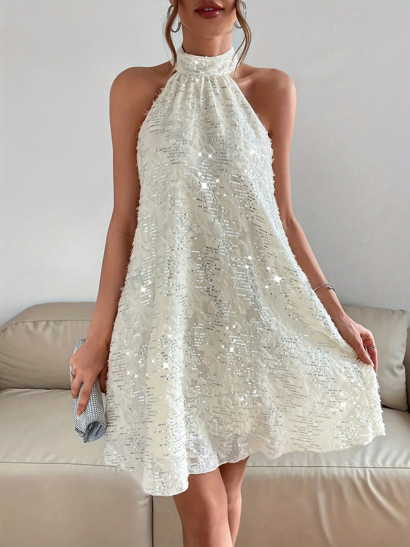 Sequined Raw Trim Halter Neck Dress, Elegant Sleeveless Keyhole Back Dress, Women's Clothing