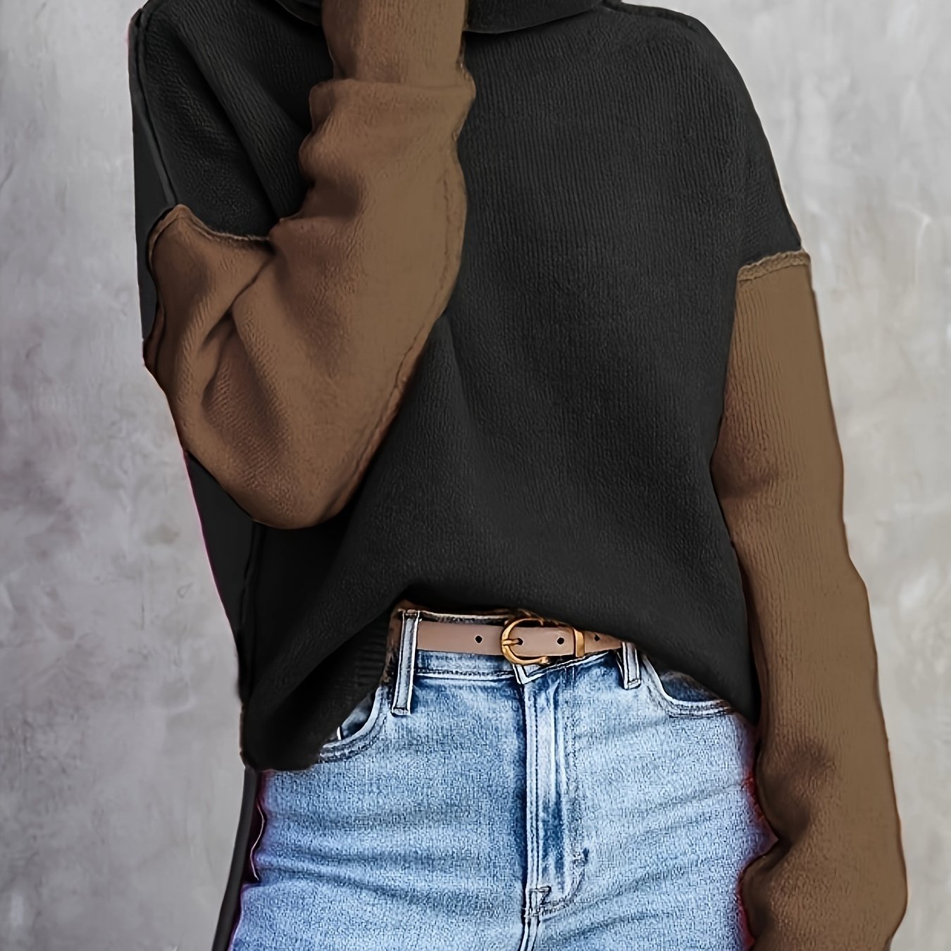 38210e4952167dfc3a0ce8d76f0bfd85 Color Block Turtle Neck Pullover Sweater, Casual Long Sleeve Split Side Sweater For Fall & Winter, Women's Clothing