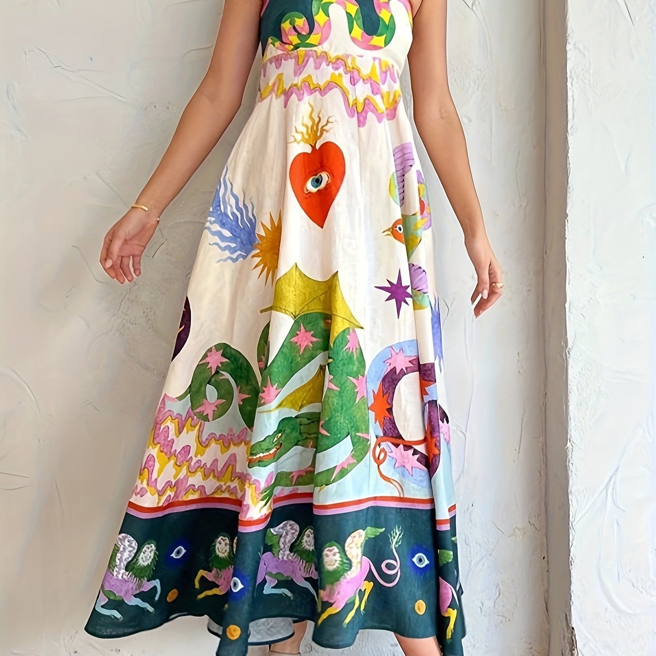 Cartoon Drawstring Print Shirred Cami Dress, Elegant Sleeveless Spaghetti Strap Dress, Women's Clothing