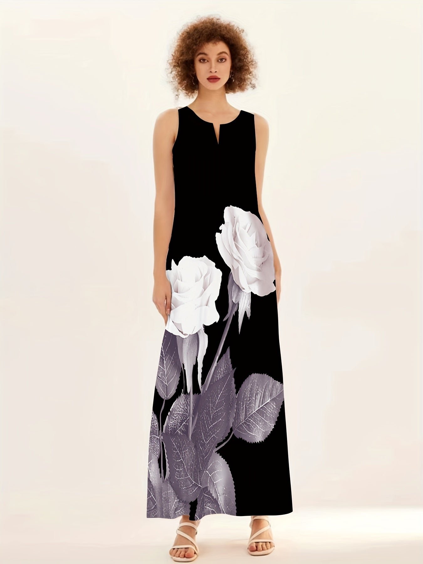 3a25c52ff1507182484200871899c4a7-1 Floral Print Maxi Dress, Notched Neck Sleeveless Casual Dress For Summer & Spring, Women's Clothing