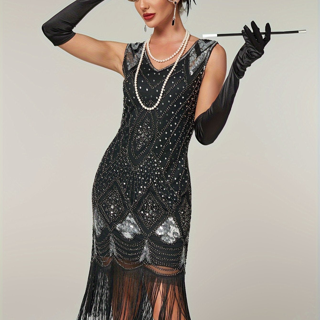 Sparkling Sequin V Neck Dress, Elegant Sleeveless Sheath Fringe Hem Dance Dress For Party & Club, Women's Clothing