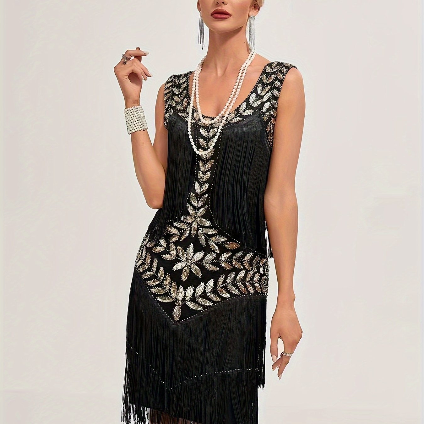 Sequin Fringe Decor Tank Dress, Vintage Sleeveless Flapper Tank Dress For Party & Banquet, Women's Clothing