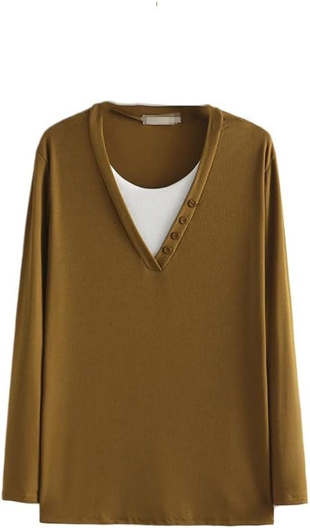 410qH_XFNqL._AC_SL1020 Autumn/Winter Women Fashion Plus Size Sweater Block Color O-Neck Button Knitwear Casual False Two Pieces Long Sleeve top