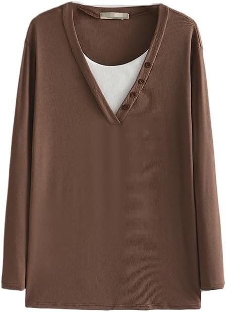 412z09luZUL._AC_SL1020 Autumn/Winter Women Fashion Plus Size Sweater Block Color O-Neck Button Knitwear Casual False Two Pieces Long Sleeve top