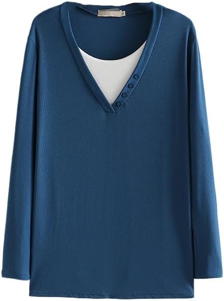 41_enppk4_L._AC_SL1020 Autumn/Winter Women Fashion Plus Size Sweater Block Color O-Neck Button Knitwear Casual False Two Pieces Long Sleeve top