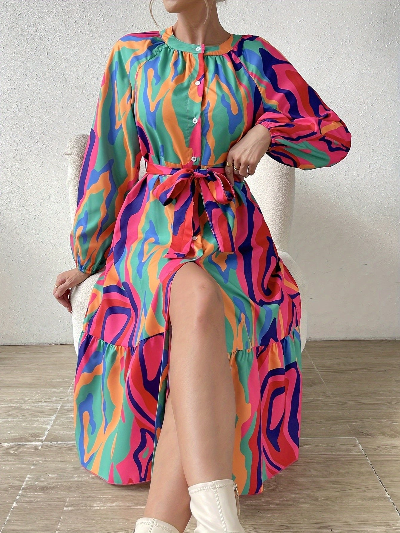 Abstract Print Crew Neck Dress, Elegant Long Sleeve Belted Dress For Spring & Fall, Women's Clothing