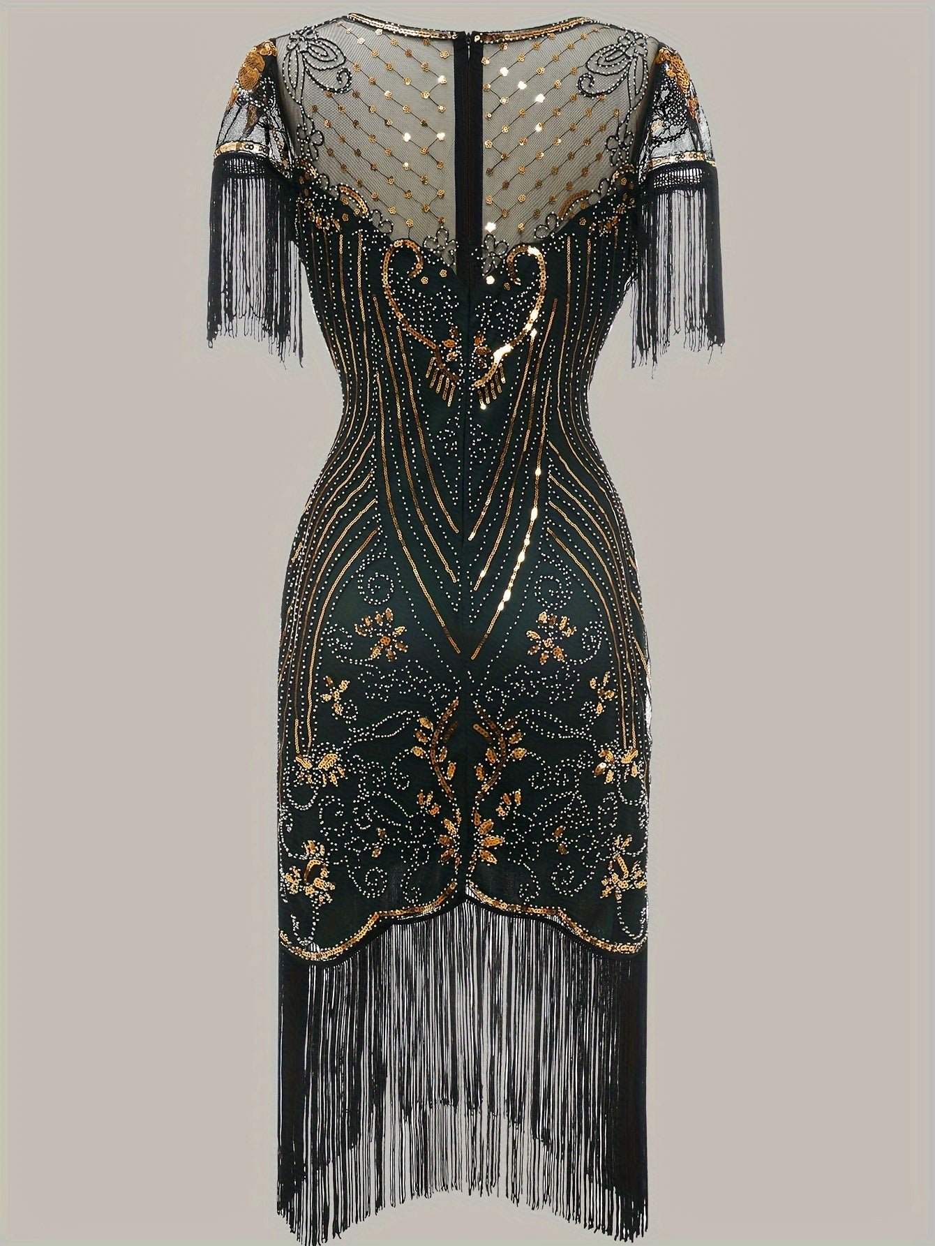 Tassel Sequined V Neck Dress, Elegant Crew Neck Short Sleeve Dress For Party & Banquet, Women's Clothing