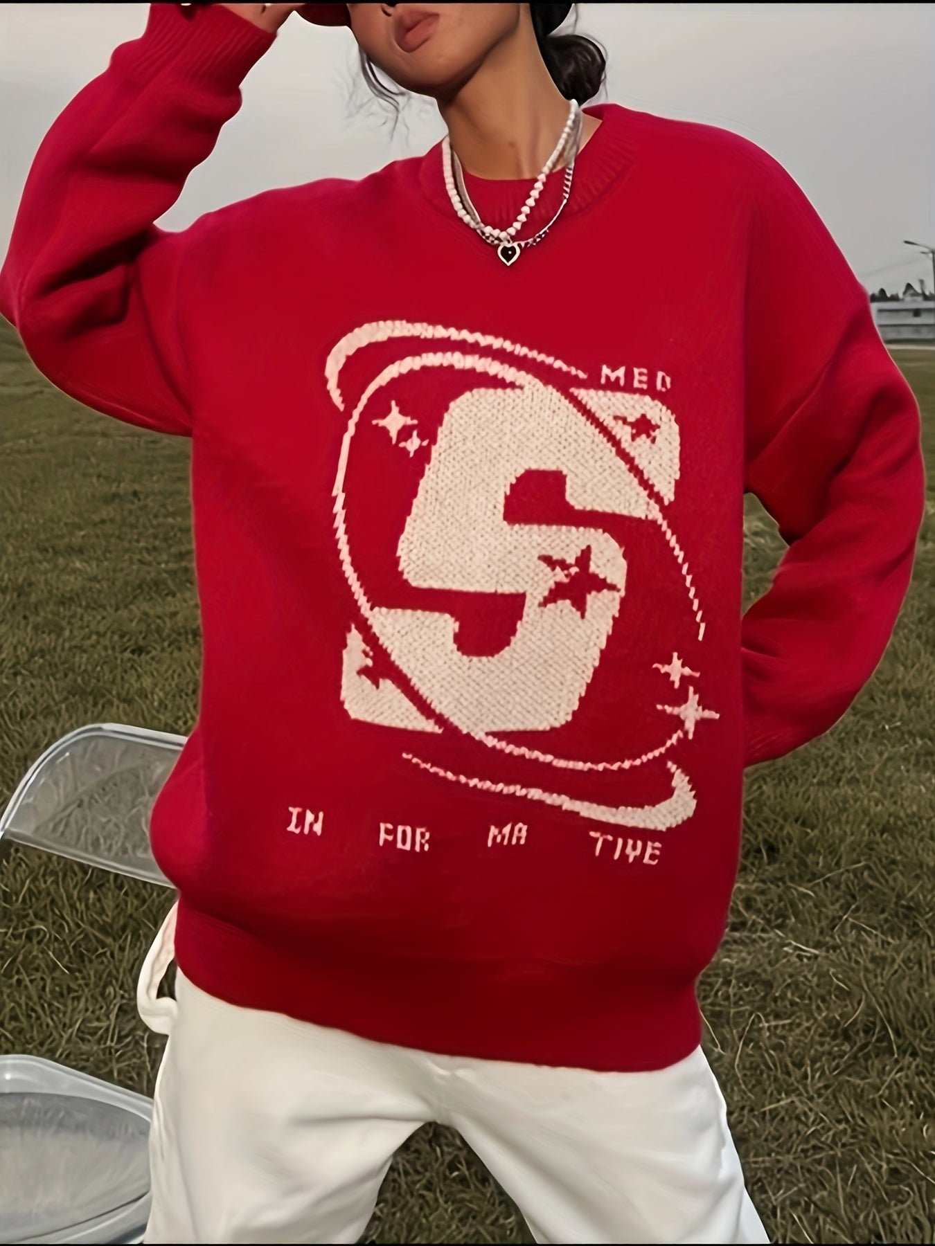 4485bcf379da873144d706aff75a65a1-1 Letter Pattern Crew Neck Pullover Sweater, Casual Long Sleeve Sweater For Fall & Winter, Women's Clothing