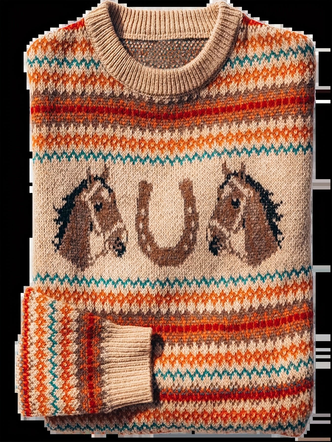 48129339b1471a5ba7e8cc6248c65789-1 Horse Pattern Crew Neck Pullover Sweater, Casual Long Sleeve Loose Sweater, Women's Clothing